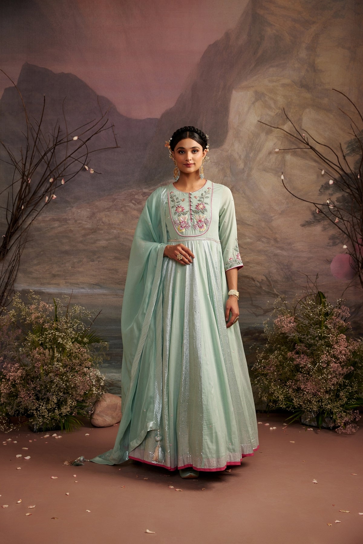 Sea Green Embroidered Cotton Silk Anarkali Set - Jagmag