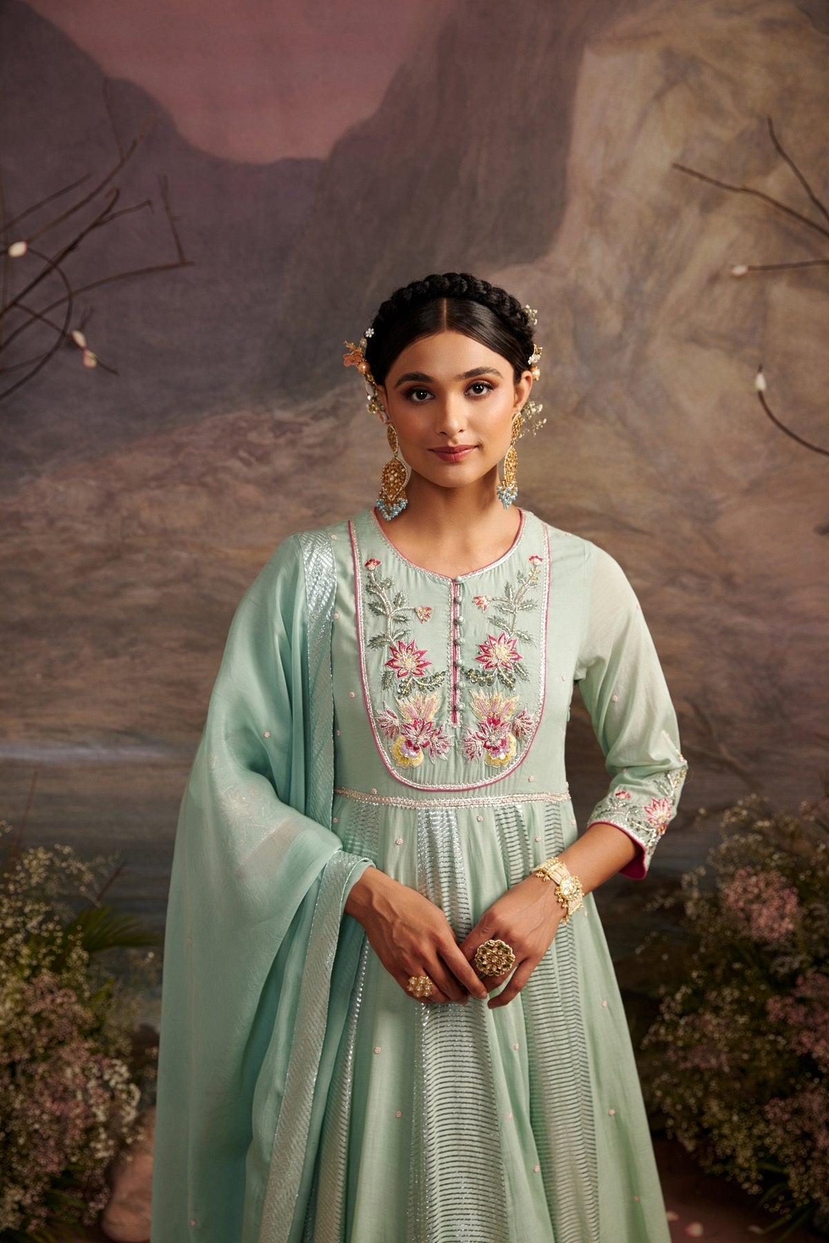 Sea Green Embroidered Cotton Silk Anarkali Set - Jagmag