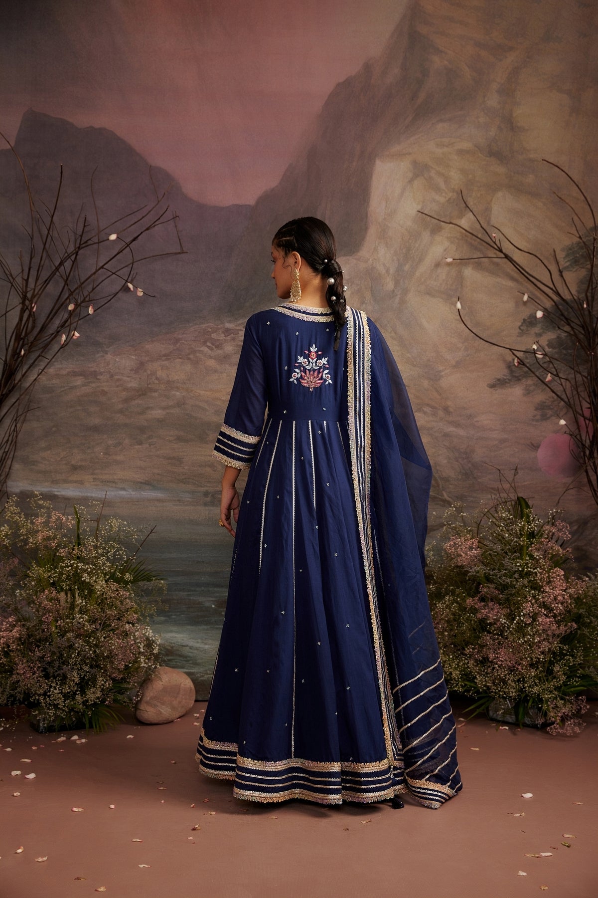 Navy Blue Embroidered Cotton Silk Anarkali Set with Dupatta - Kali
