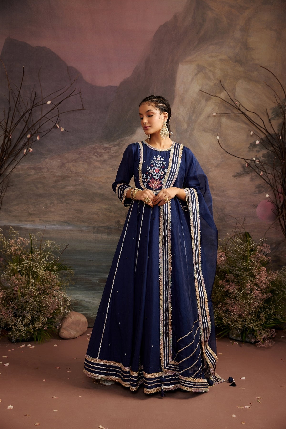 Navy Blue Embroidered Cotton Silk Anarkali Set with Dupatta - Kali