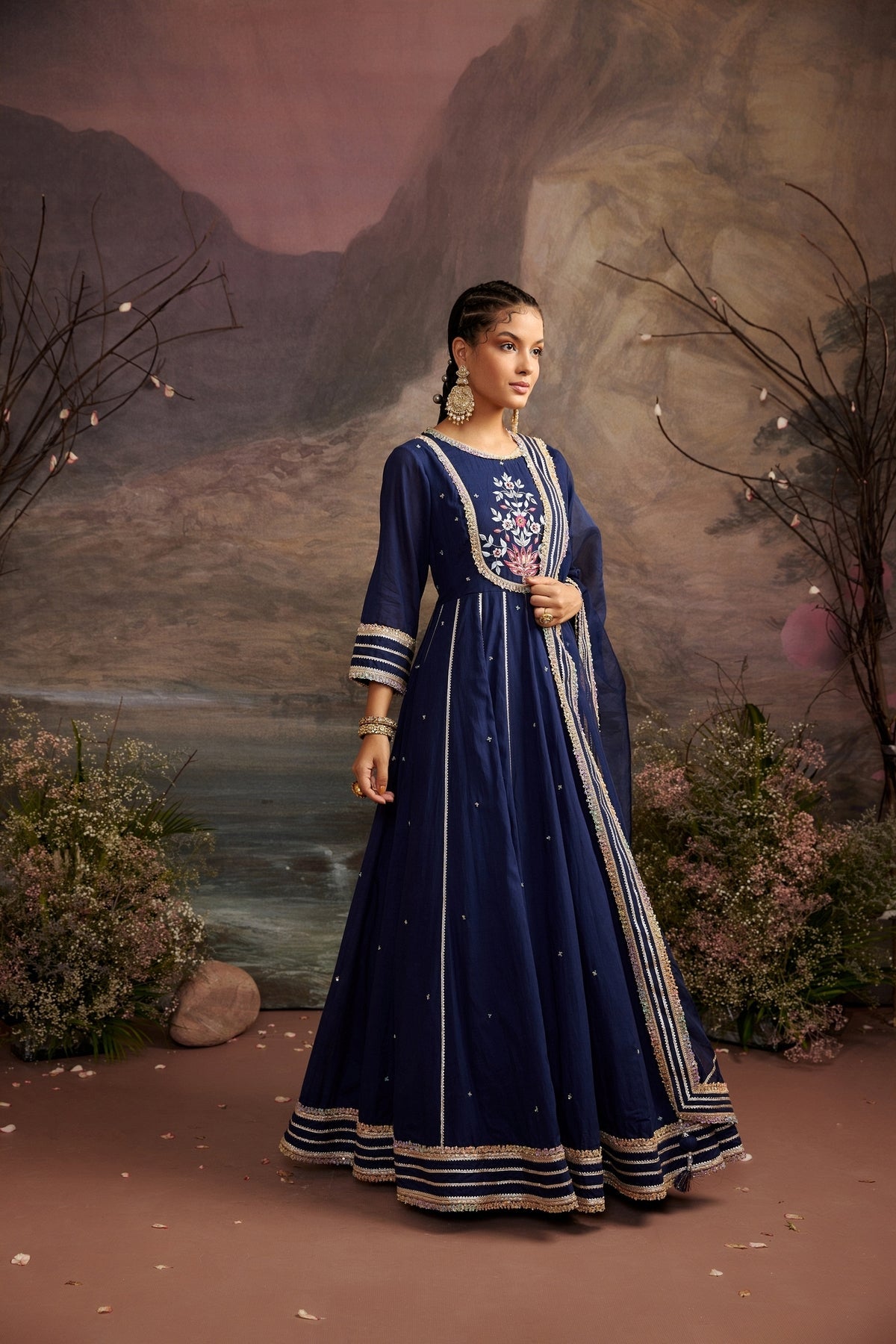 Navy Blue Embroidered Cotton Silk Anarkali Set with Dupatta - Kali