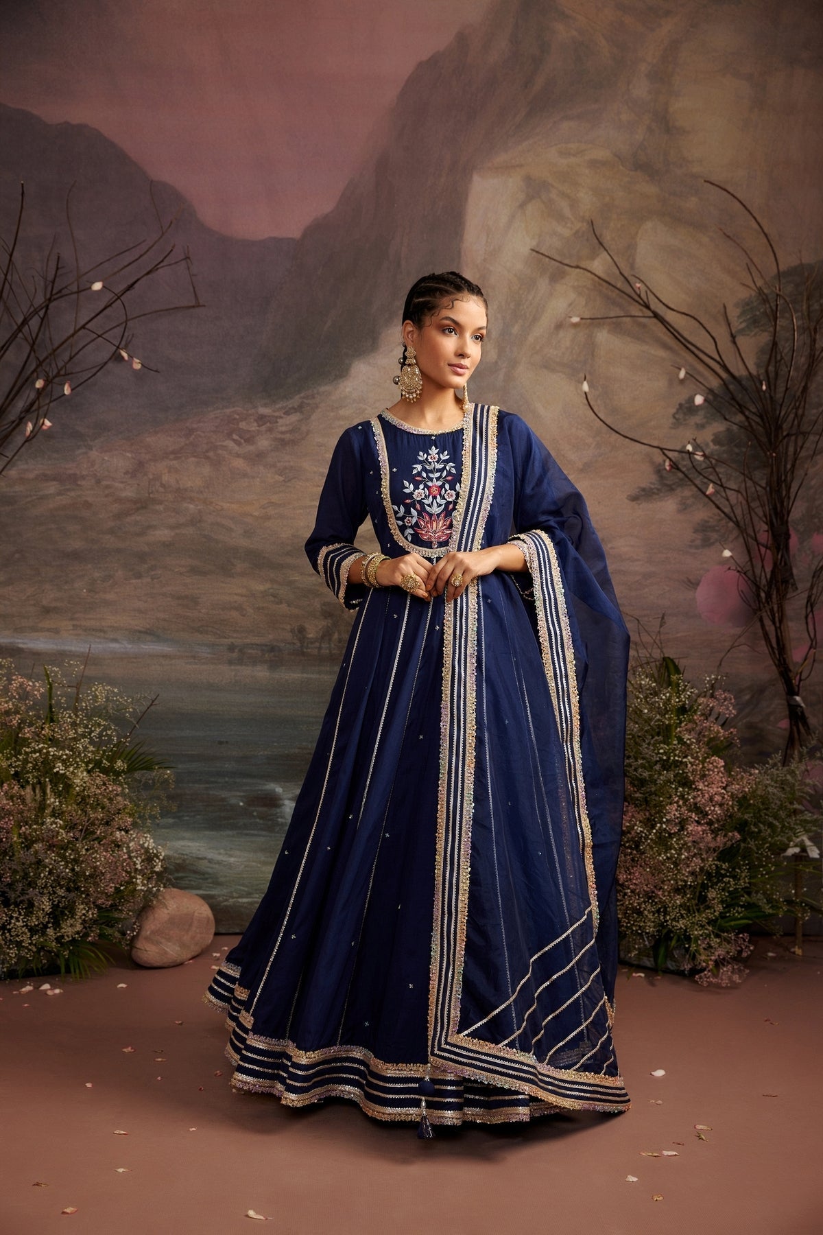Navy Blue Embroidered Cotton Silk Anarkali Set with Dupatta - Kali
