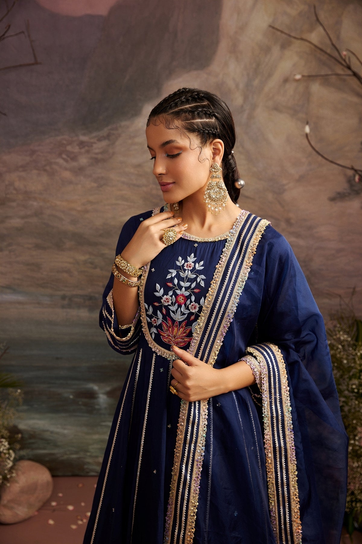 Navy Blue Embroidered Cotton Silk Anarkali Set with Dupatta - Kali