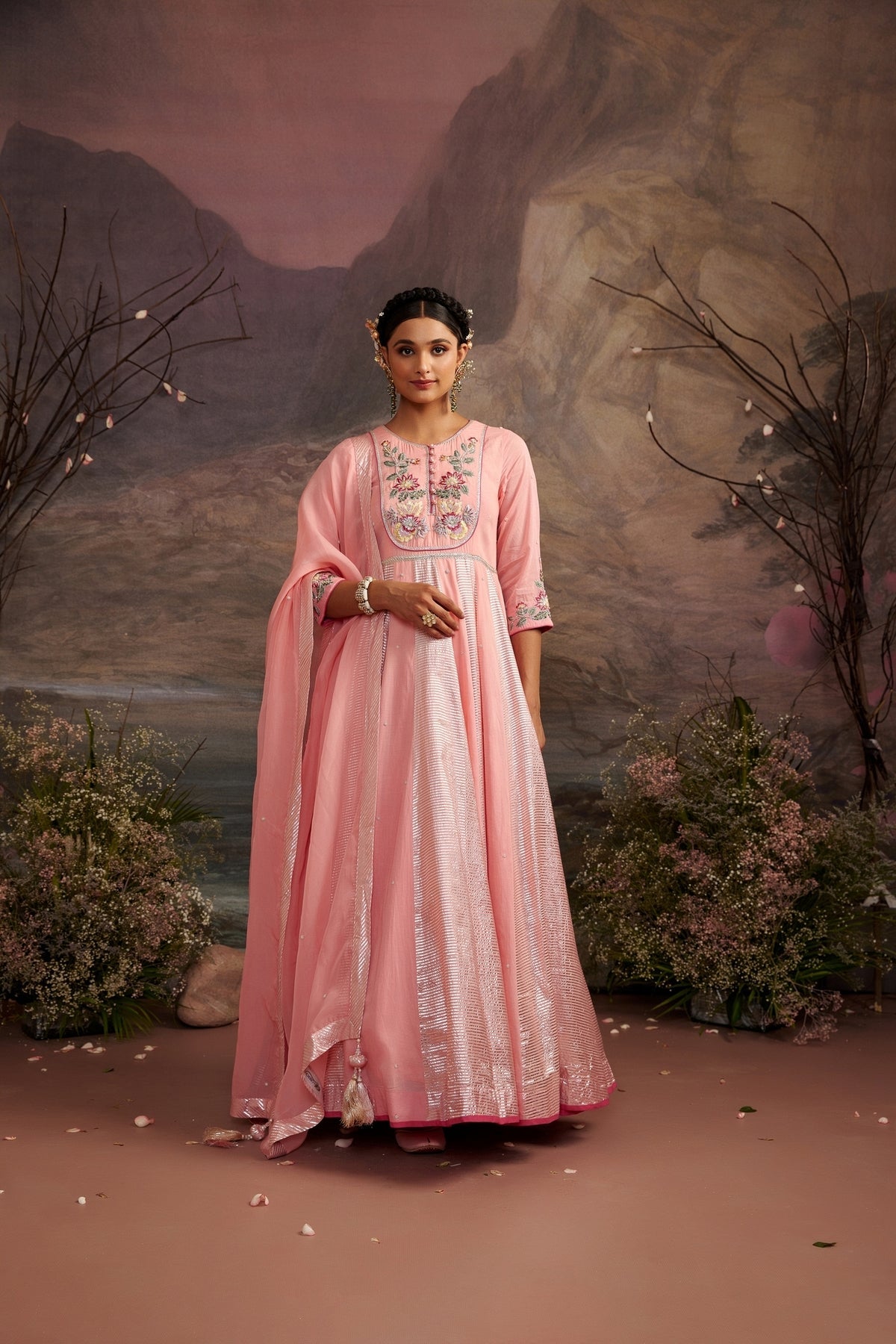Jagmag Rose Pink Embroidered Cotton Silk Anarkali Set