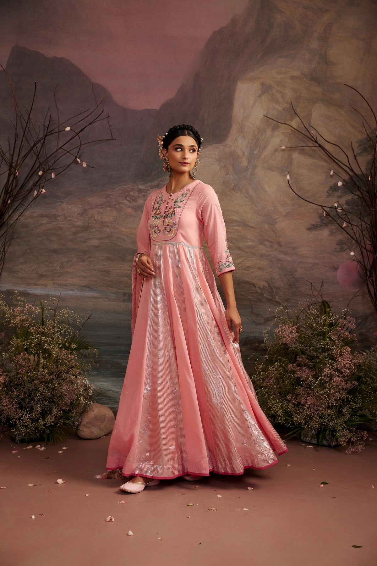 Jagmag Rose Pink Embroidered Cotton Silk Anarkali Set