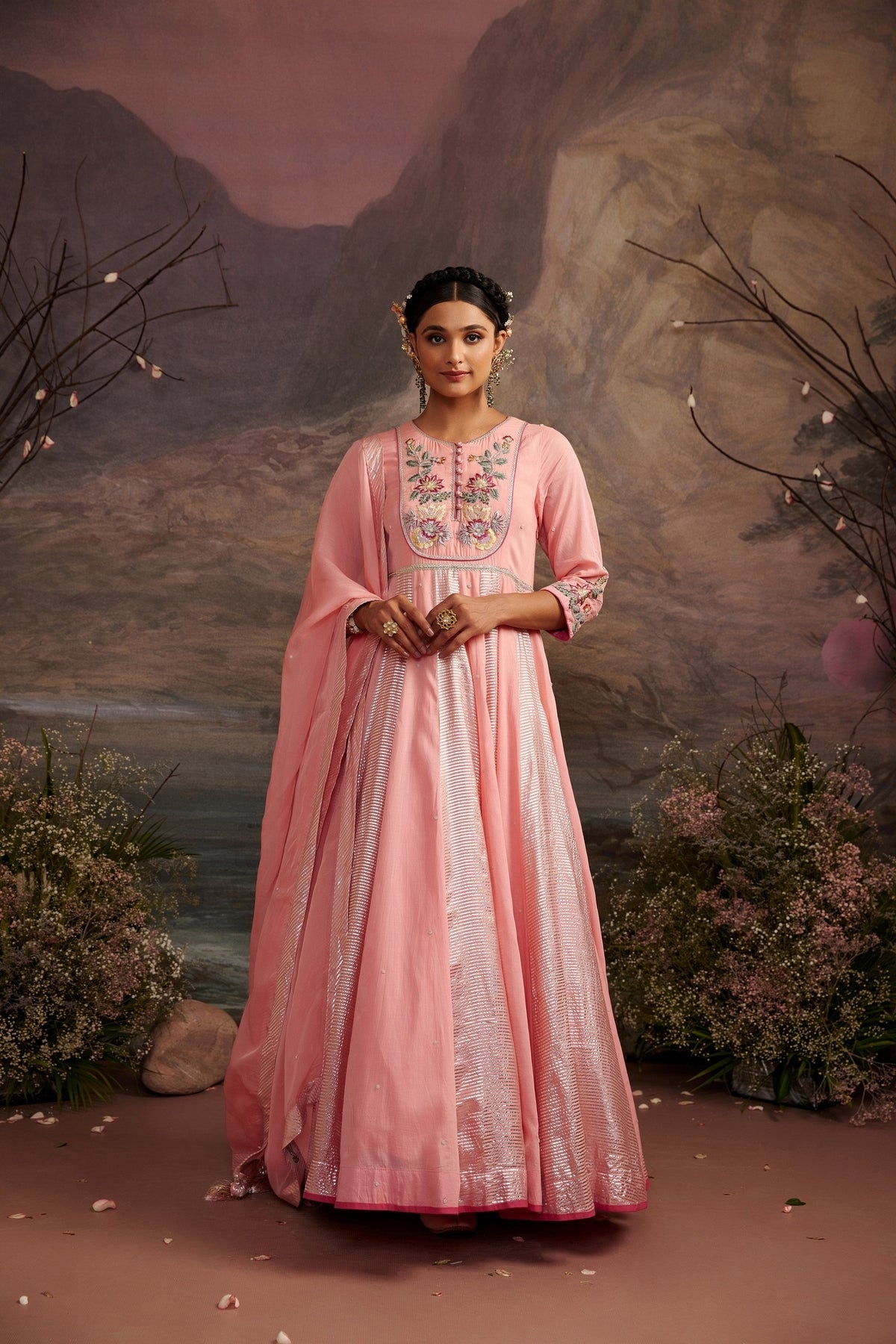 Jagmag Rose Pink Embroidered Cotton Silk Anarkali Set