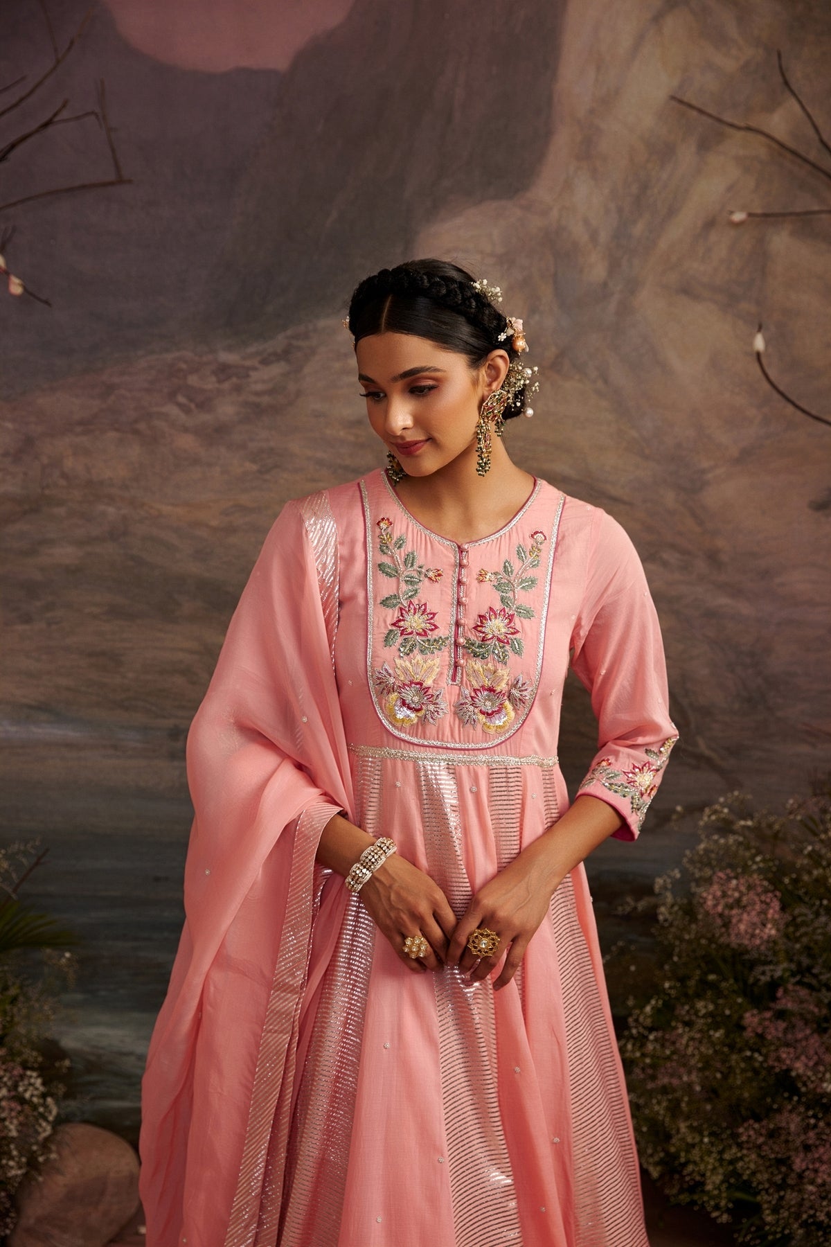 Jagmag Rose Pink Embroidered Cotton Silk Anarkali Set