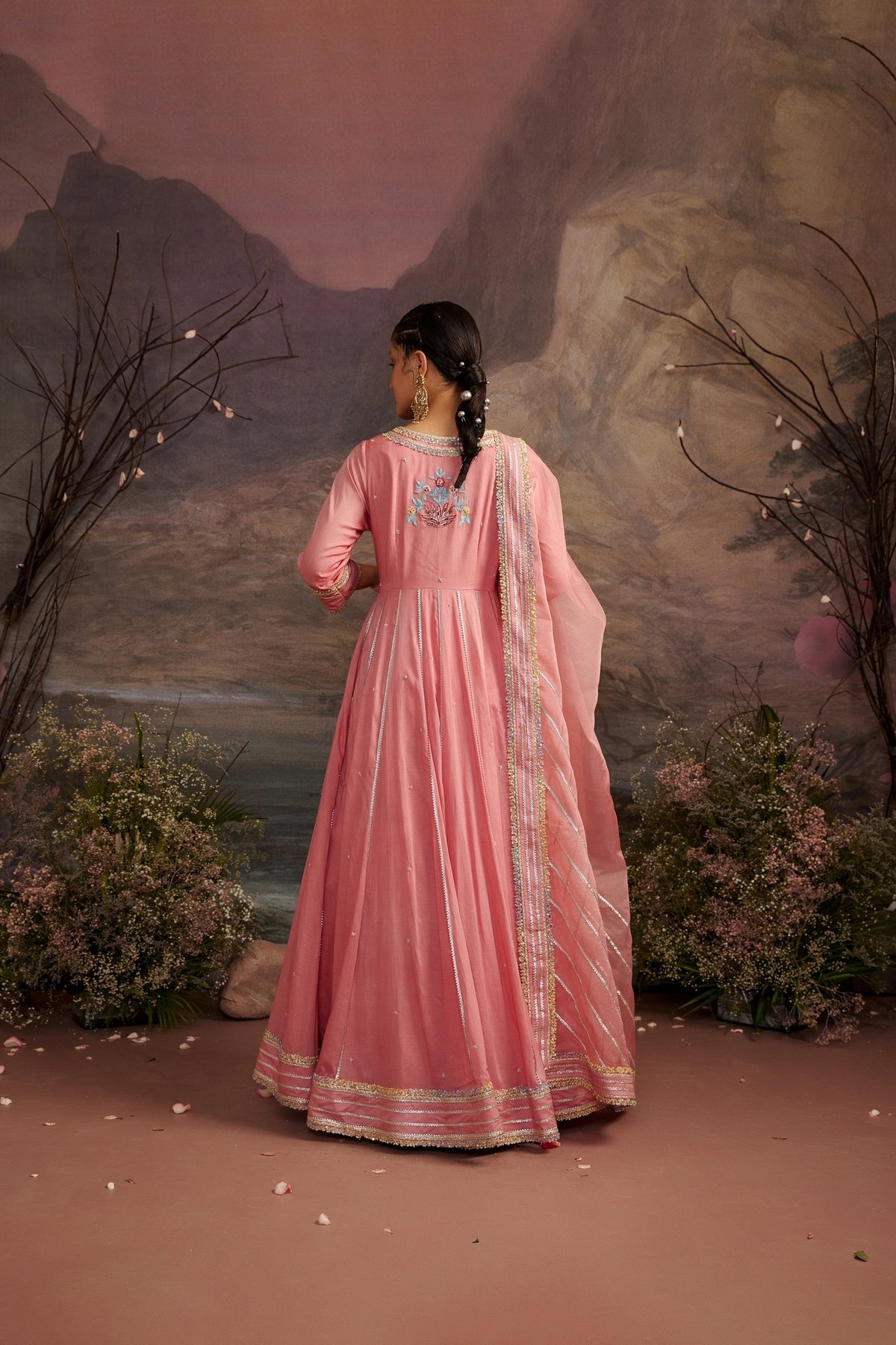 Peach Embroidered Yoke Anarkali Set in Cotton Silk - Kaarigari