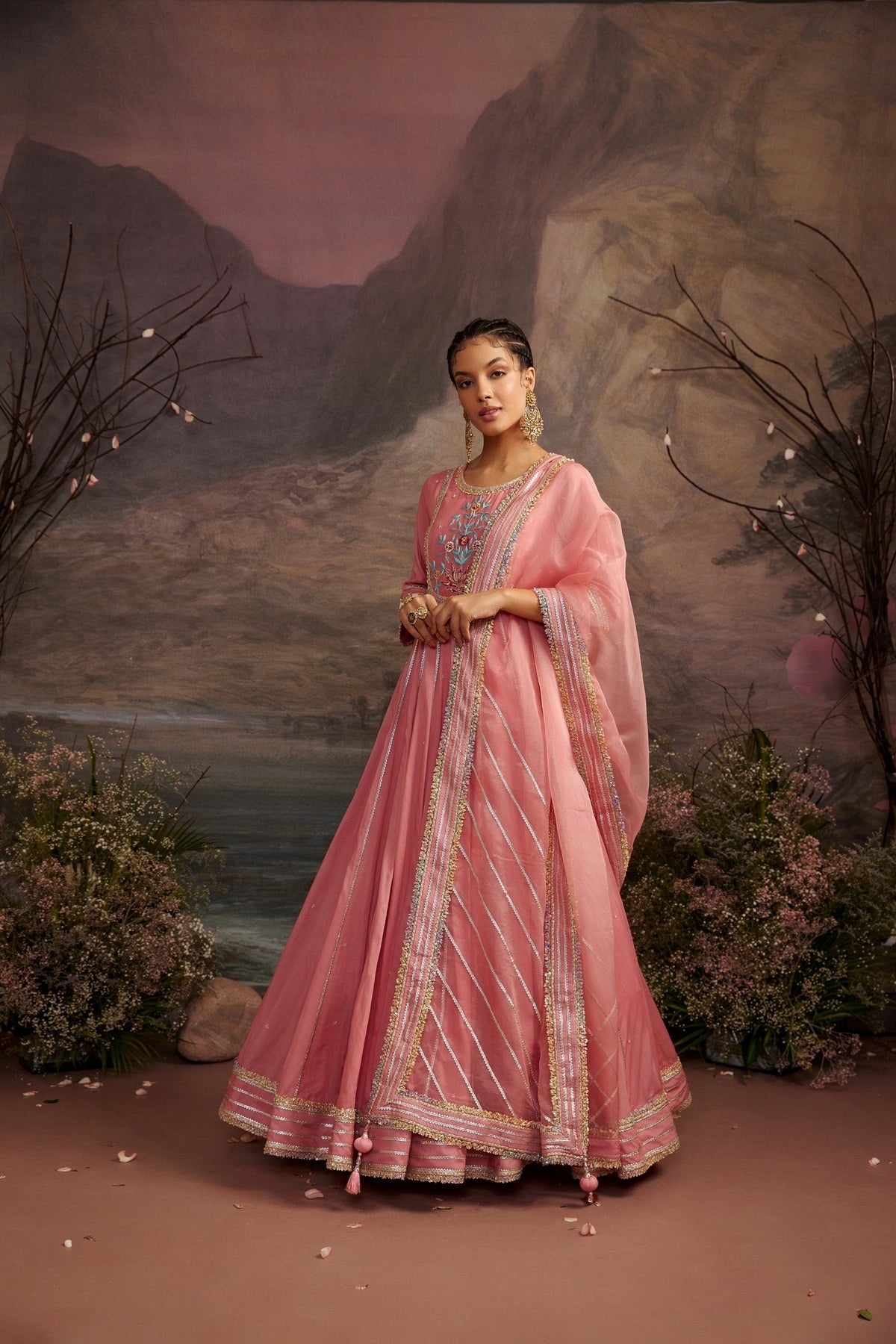 Peach Embroidered Yoke Anarkali Set in Cotton Silk - Kaarigari