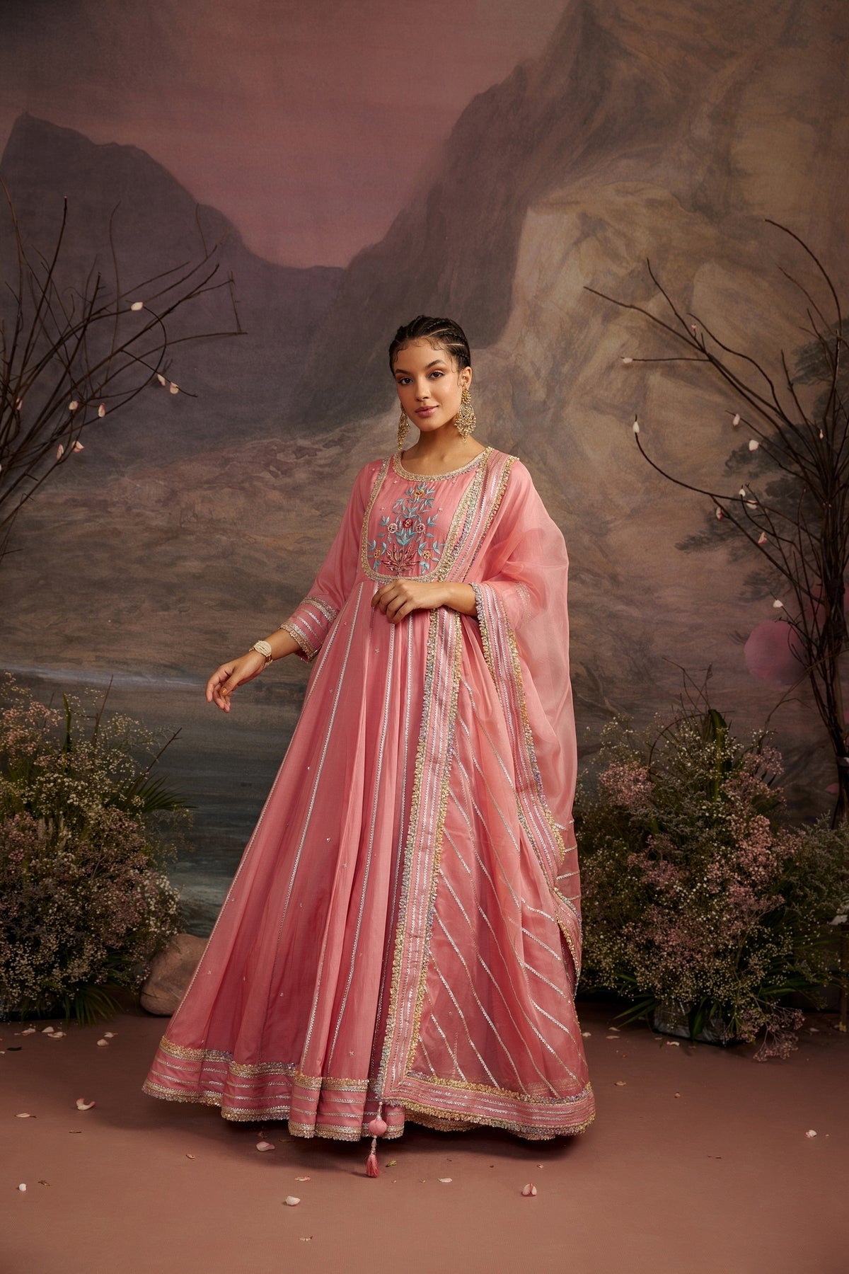 Peach Embroidered Yoke Anarkali Set in Cotton Silk - Kaarigari