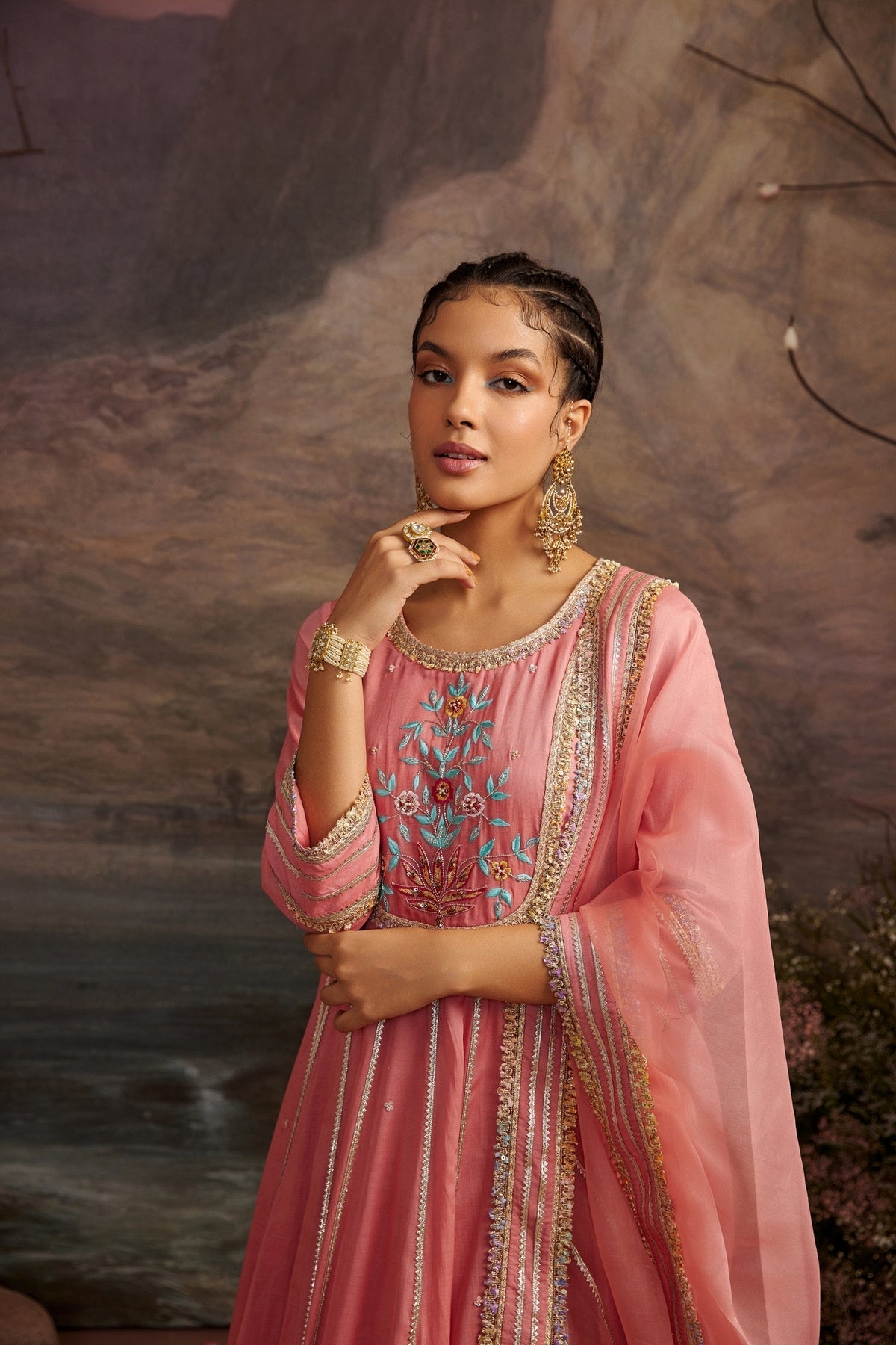 Peach Embroidered Yoke Anarkali Set in Cotton Silk - Kaarigari