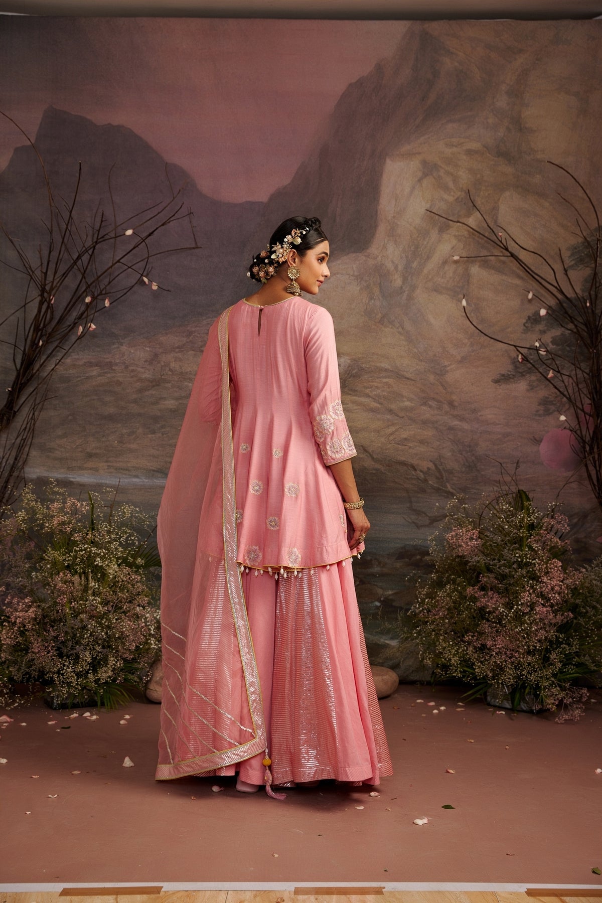 Rose Pink Cotton Silk Sharara Set with Organza Dupatta - Reeti