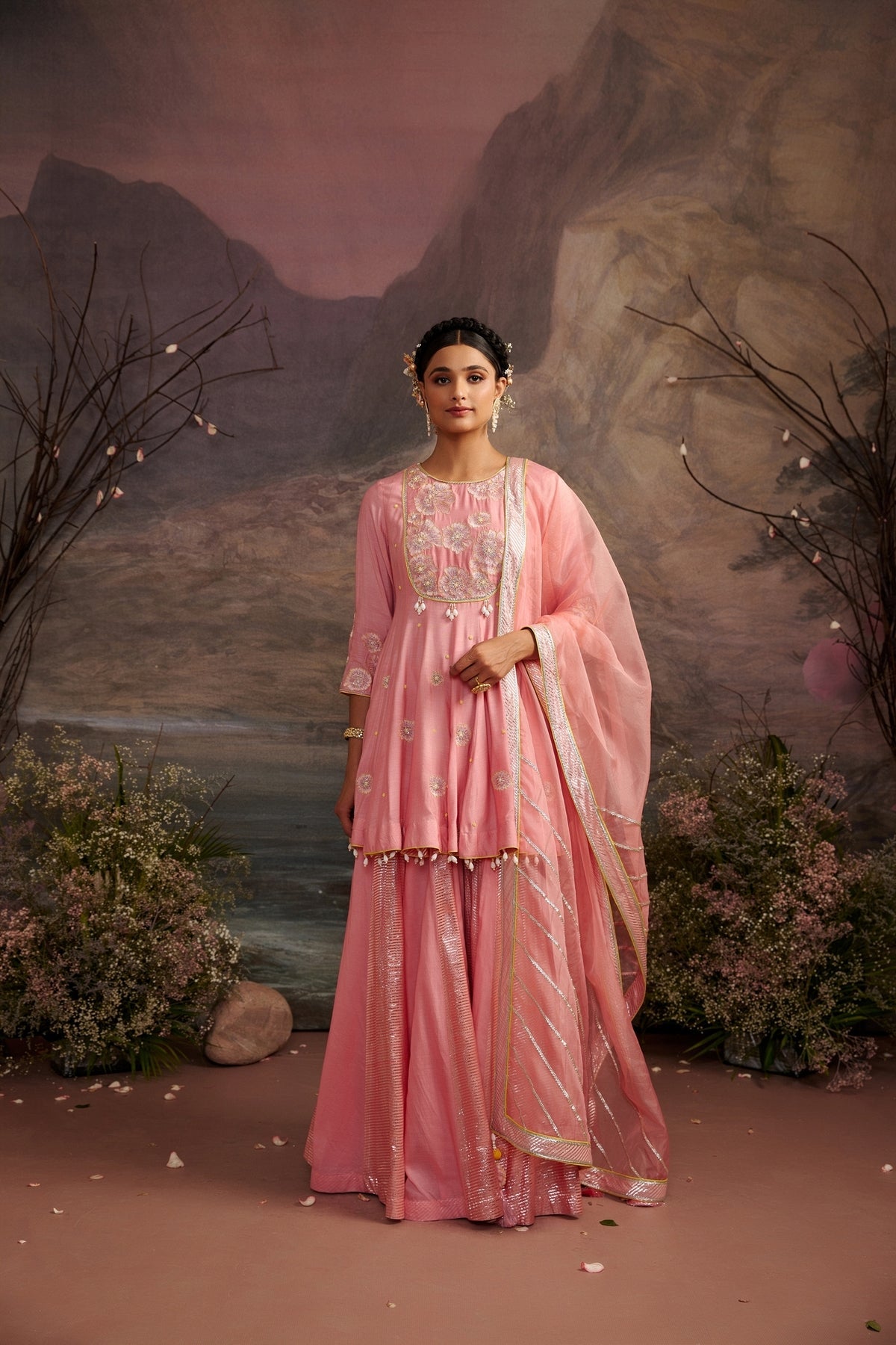Rose Pink Cotton Silk Sharara Set with Organza Dupatta - Reeti