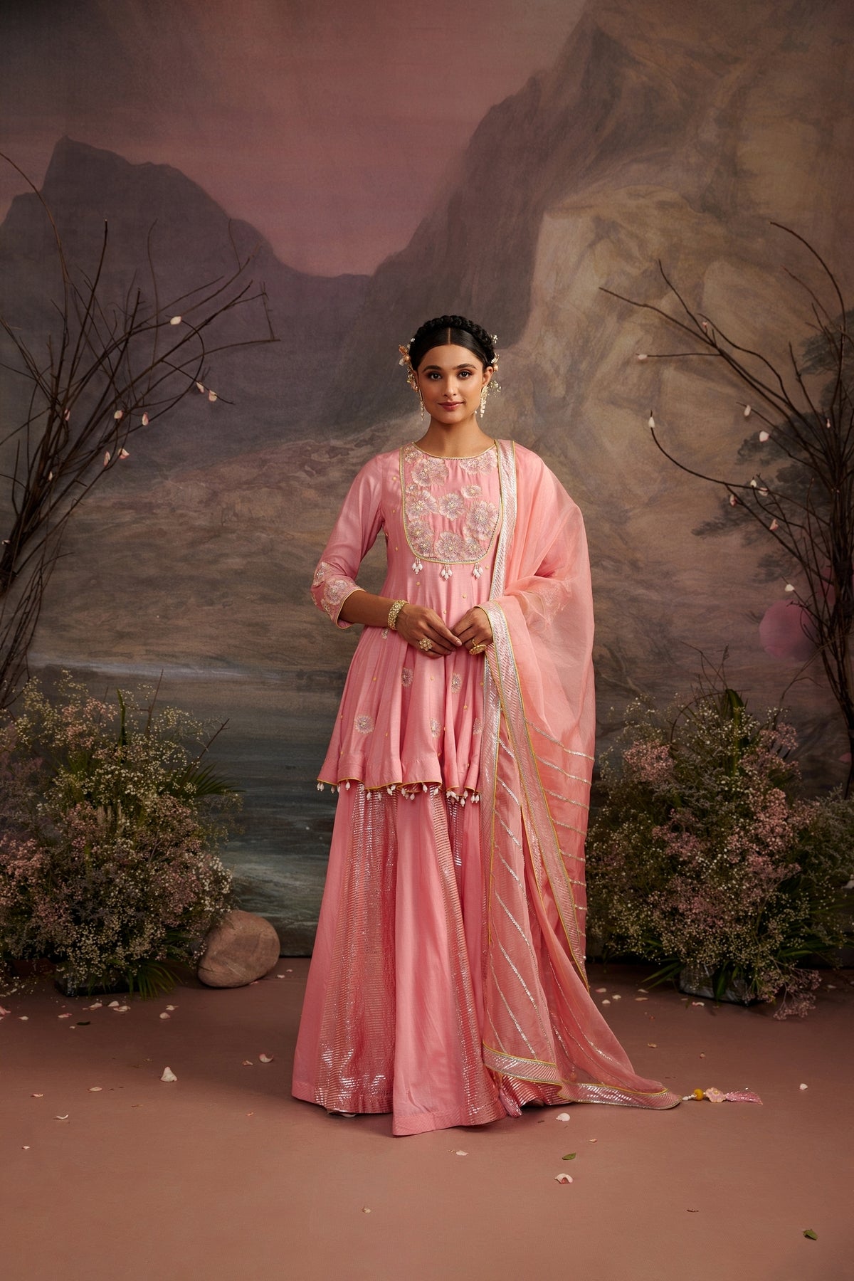 Rose Pink Cotton Silk Sharara Set with Organza Dupatta - Reeti