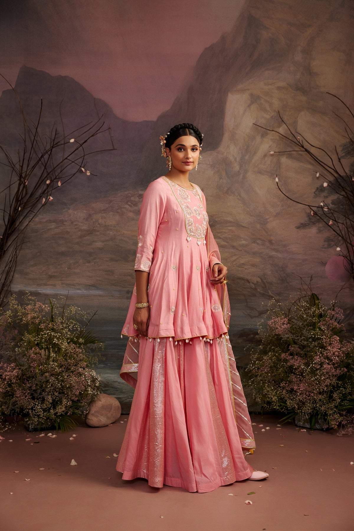 Rose Pink Cotton Silk Sharara Set with Organza Dupatta - Reeti