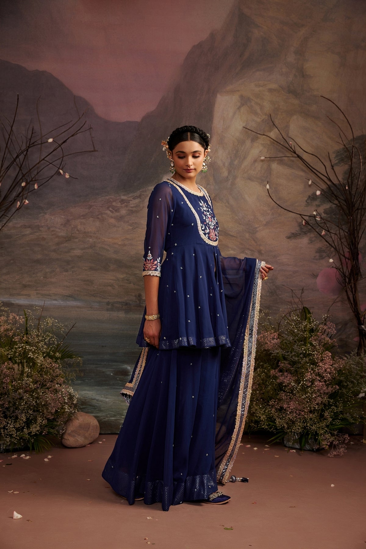Gungun Navy Blue Peplum Kurta with Sharara Set - Luxury Ethnic Wear