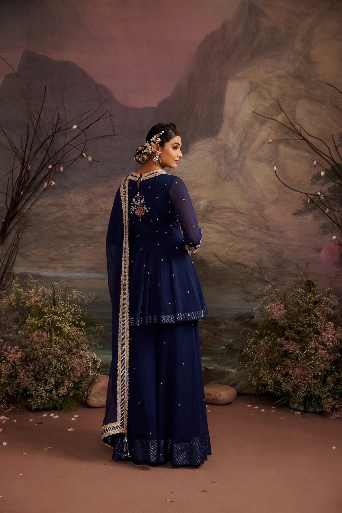 Gungun Navy Blue Peplum Kurta with Sharara Set - Luxury Ethnic Wear