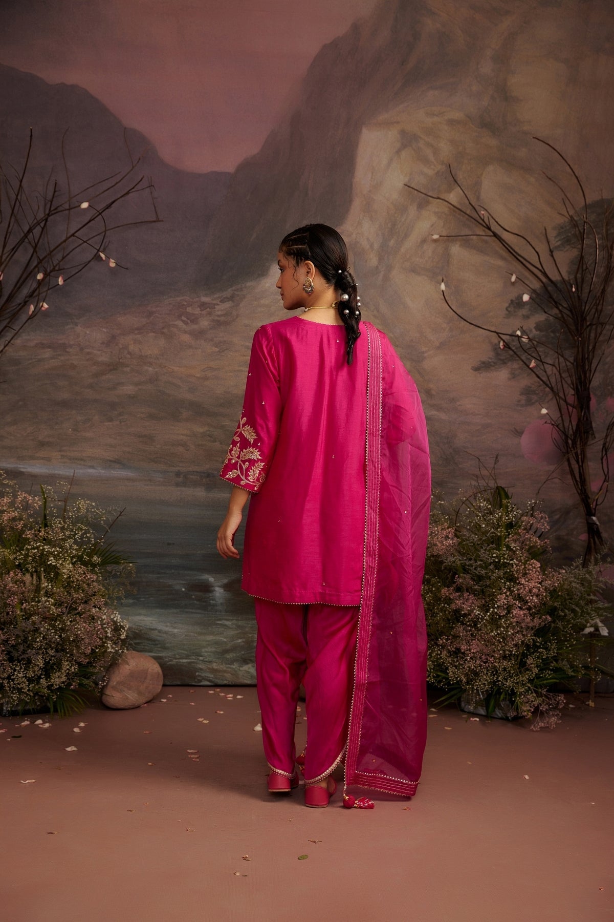 Rani Pink Embroidered Dupion Silk Dhoti Set - Palak | Festive Wear