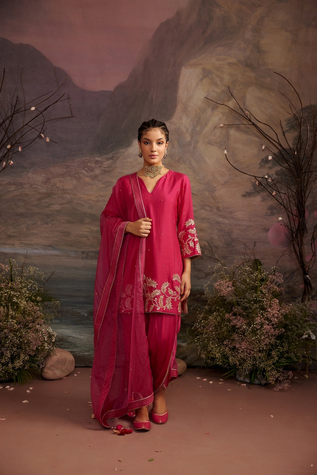 Rani Pink Embroidered Dupion Silk Dhoti Set - Palak | Festive Wear