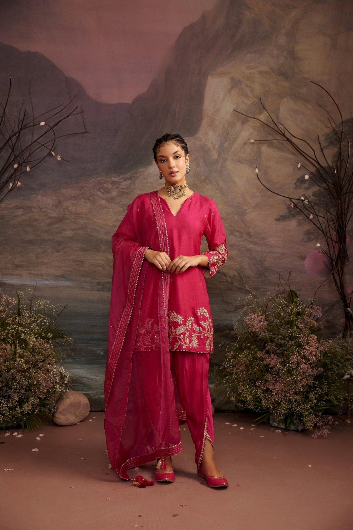 Rani Pink Embroidered Dupion Silk Dhoti Set - Palak | Festive Wear