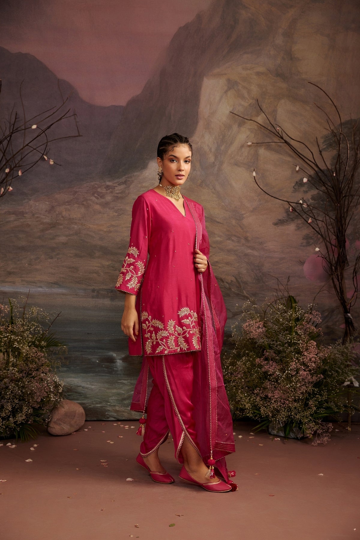 Rani Pink Embroidered Dupion Silk Dhoti Set - Palak | Festive Wear