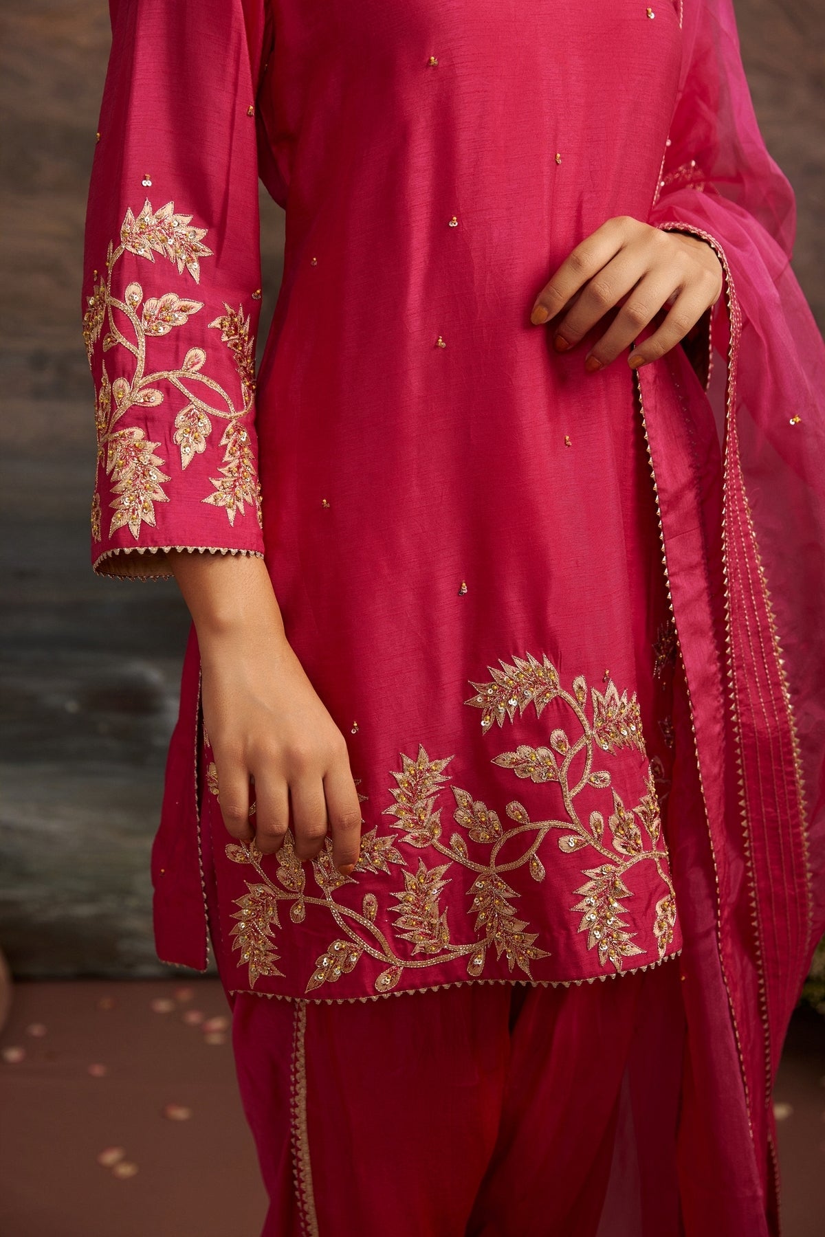 Rani Pink Embroidered Dupion Silk Dhoti Set - Palak | Festive Wear