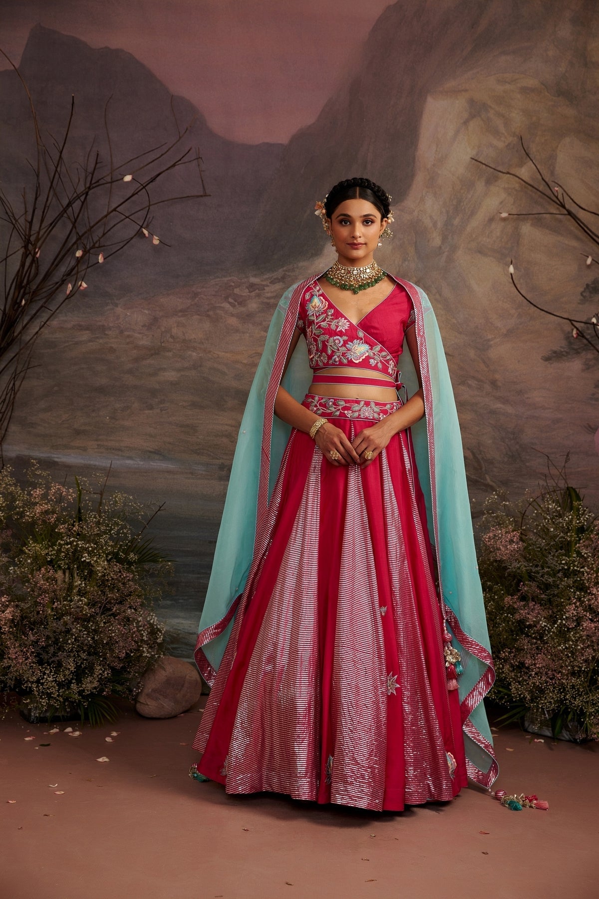 Saundarya Rani Pink Embroidered Dupion Silk Lehenga Set