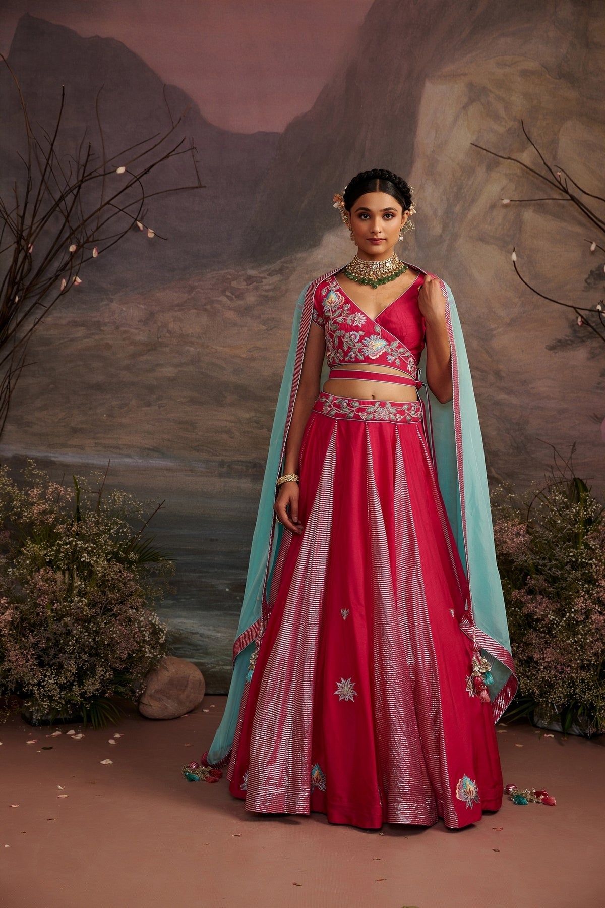 Saundarya Rani Pink Embroidered Dupion Silk Lehenga Set