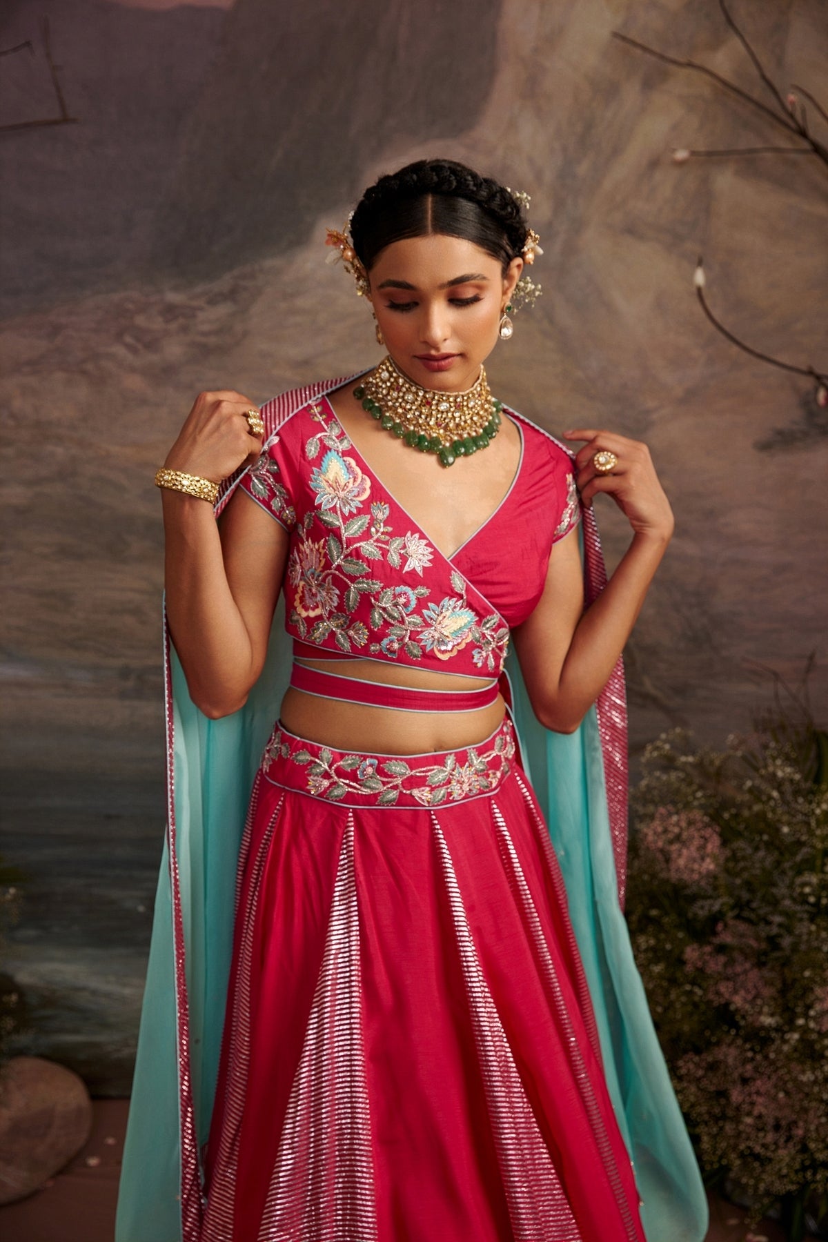 Saundarya Rani Pink Embroidered Dupion Silk Lehenga Set