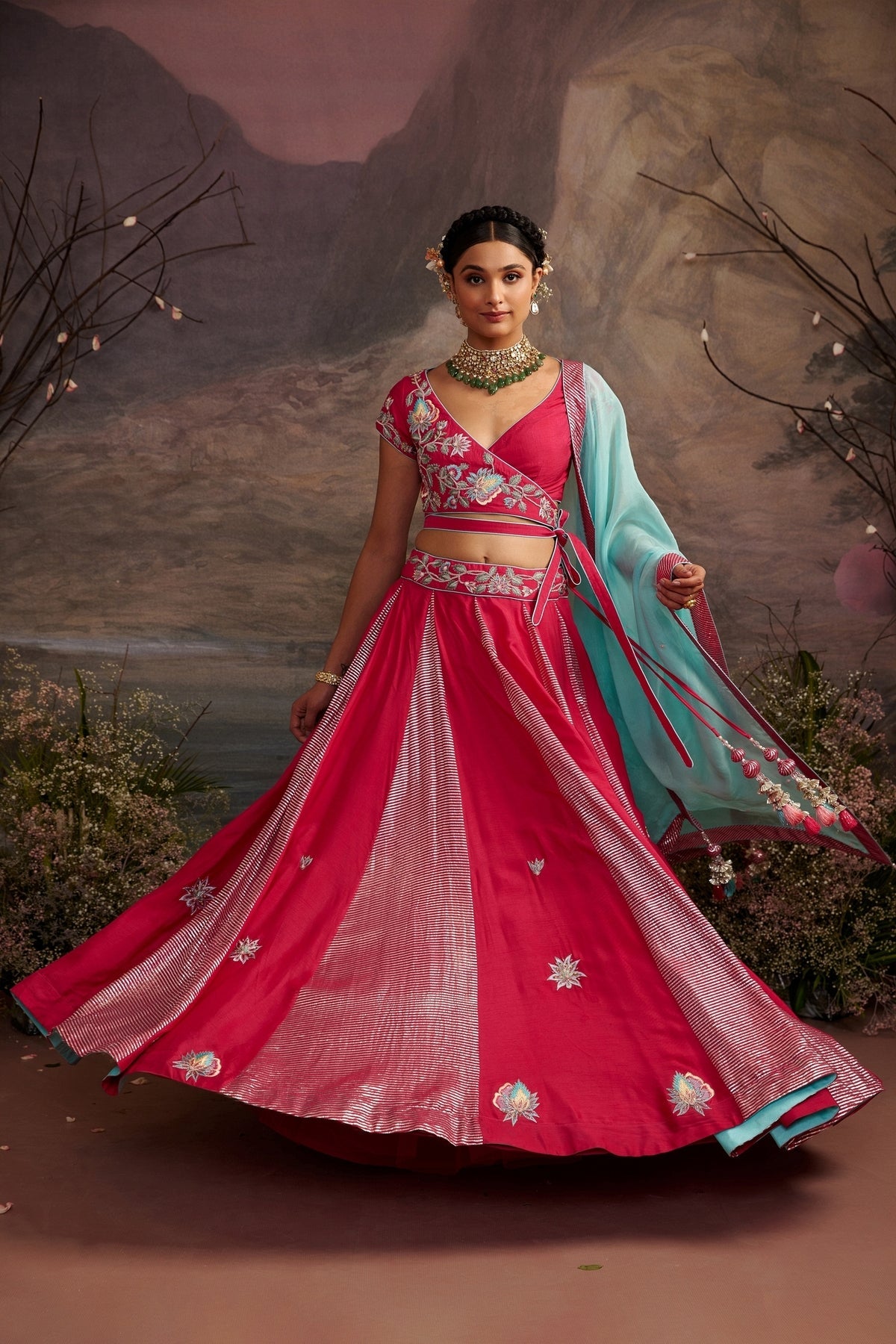 Saundarya Rani Pink Embroidered Dupion Silk Lehenga Set