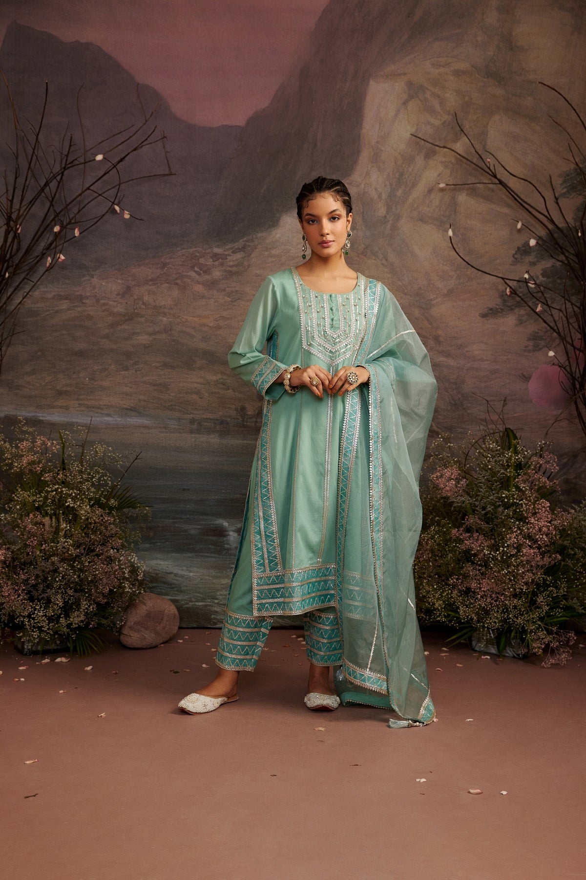 Dhaani Sea Green Gota Embellished Cotton Silk Straight Kurta Set