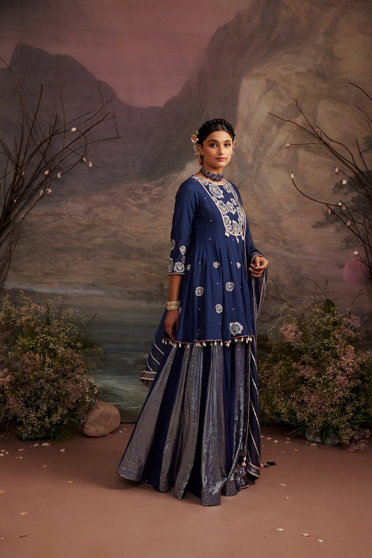 Navy Blue Cotton Silk Short Kurta with Shimmer Sharara Set