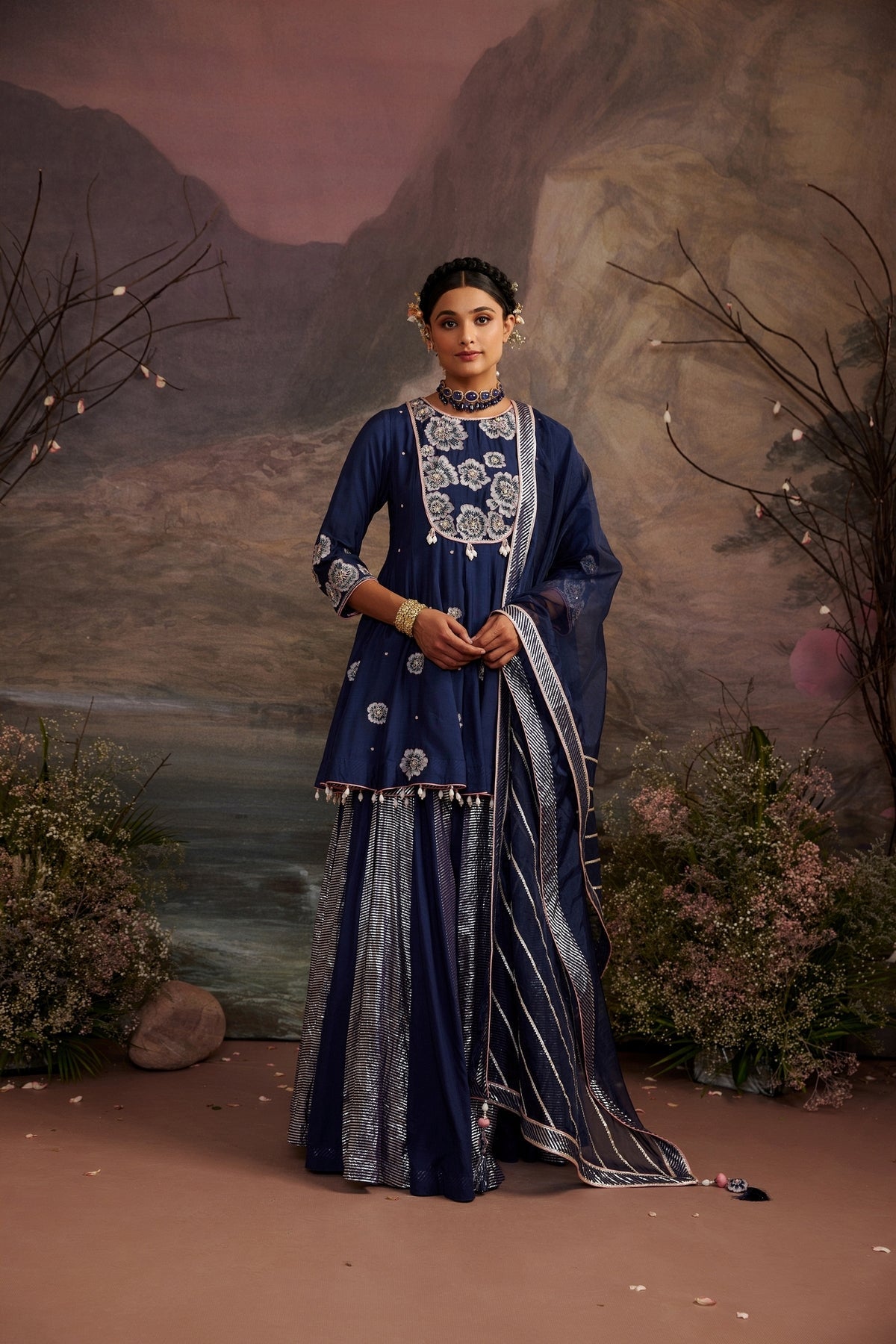 Navy Blue Cotton Silk Short Kurta with Shimmer Sharara Set
