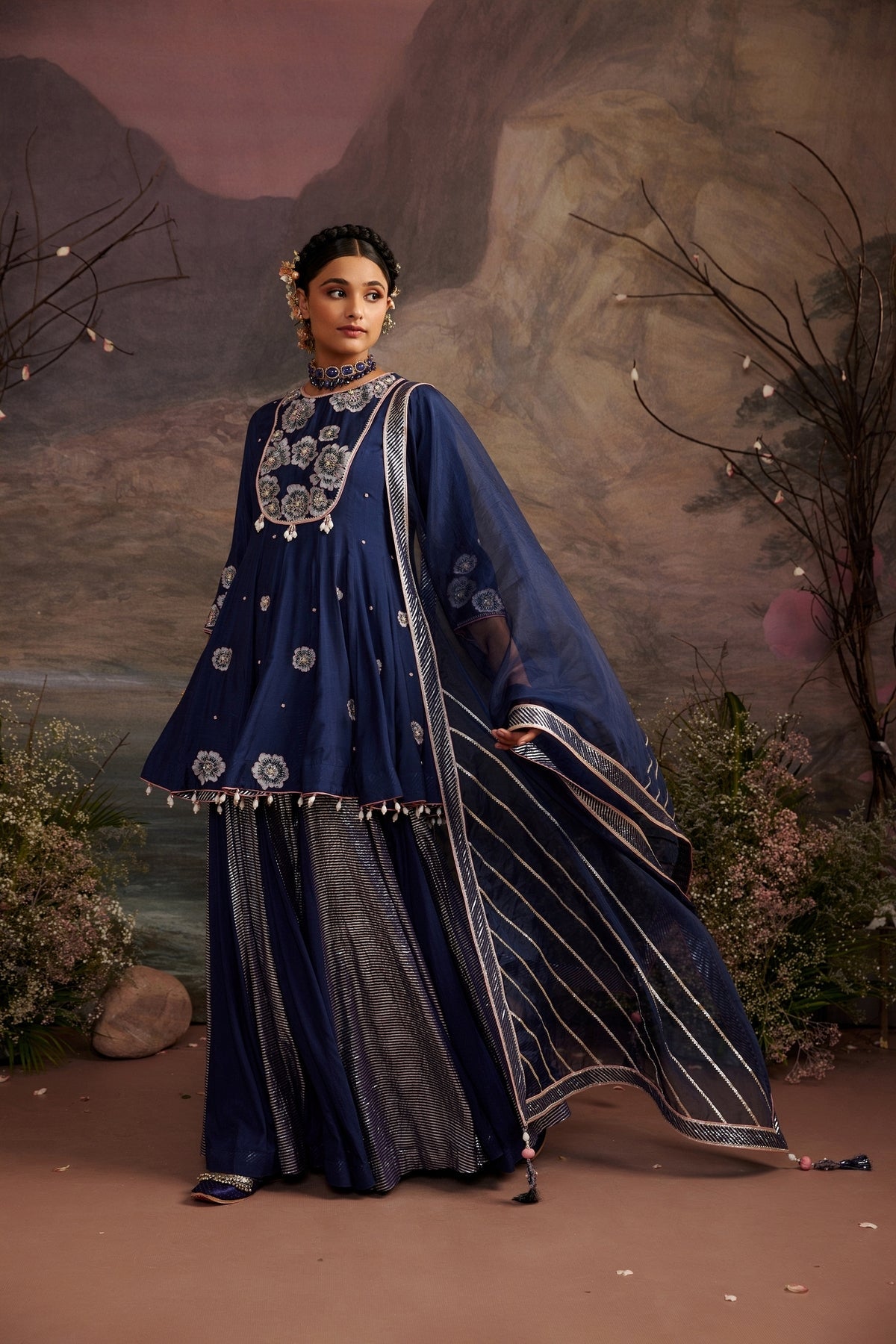 Navy Blue Cotton Silk Short Kurta with Shimmer Sharara Set
