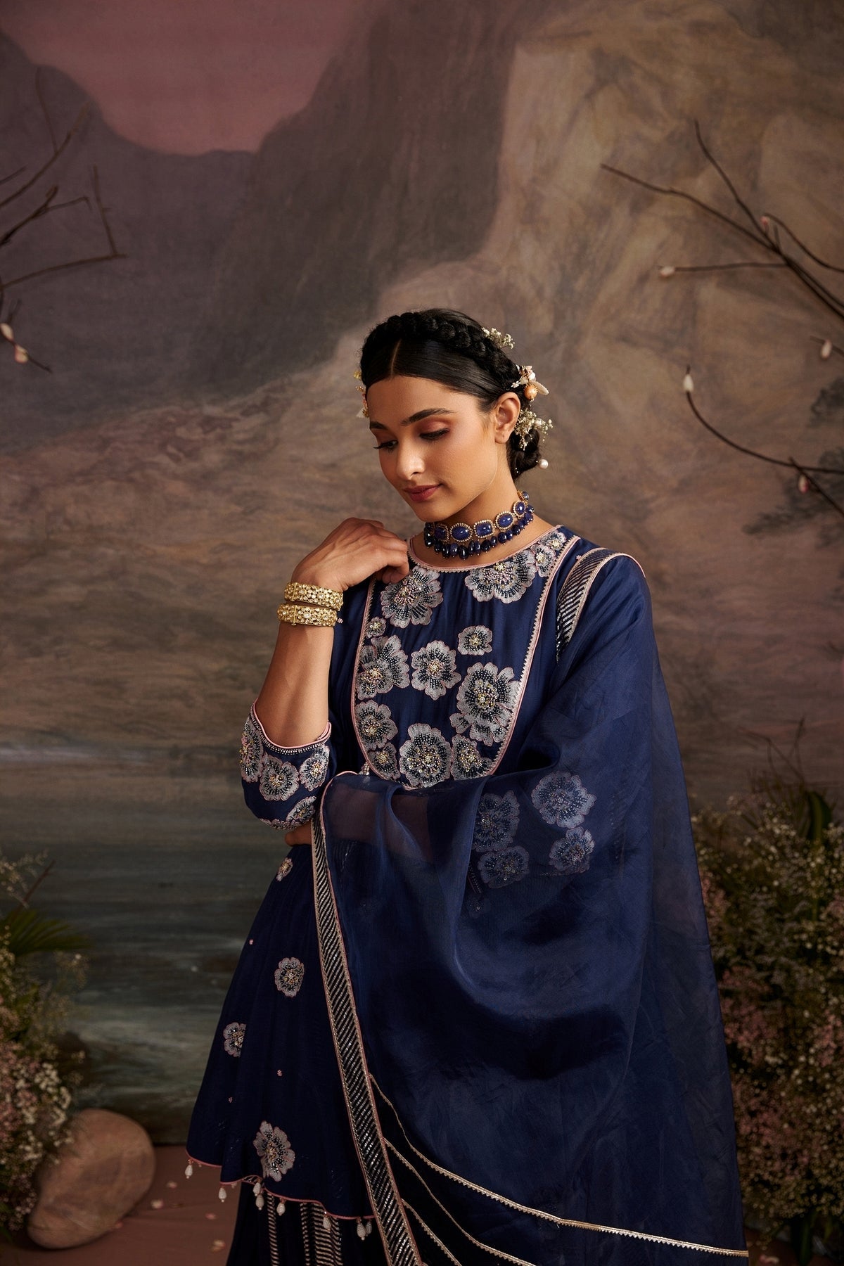 Navy Blue Cotton Silk Short Kurta with Shimmer Sharara Set