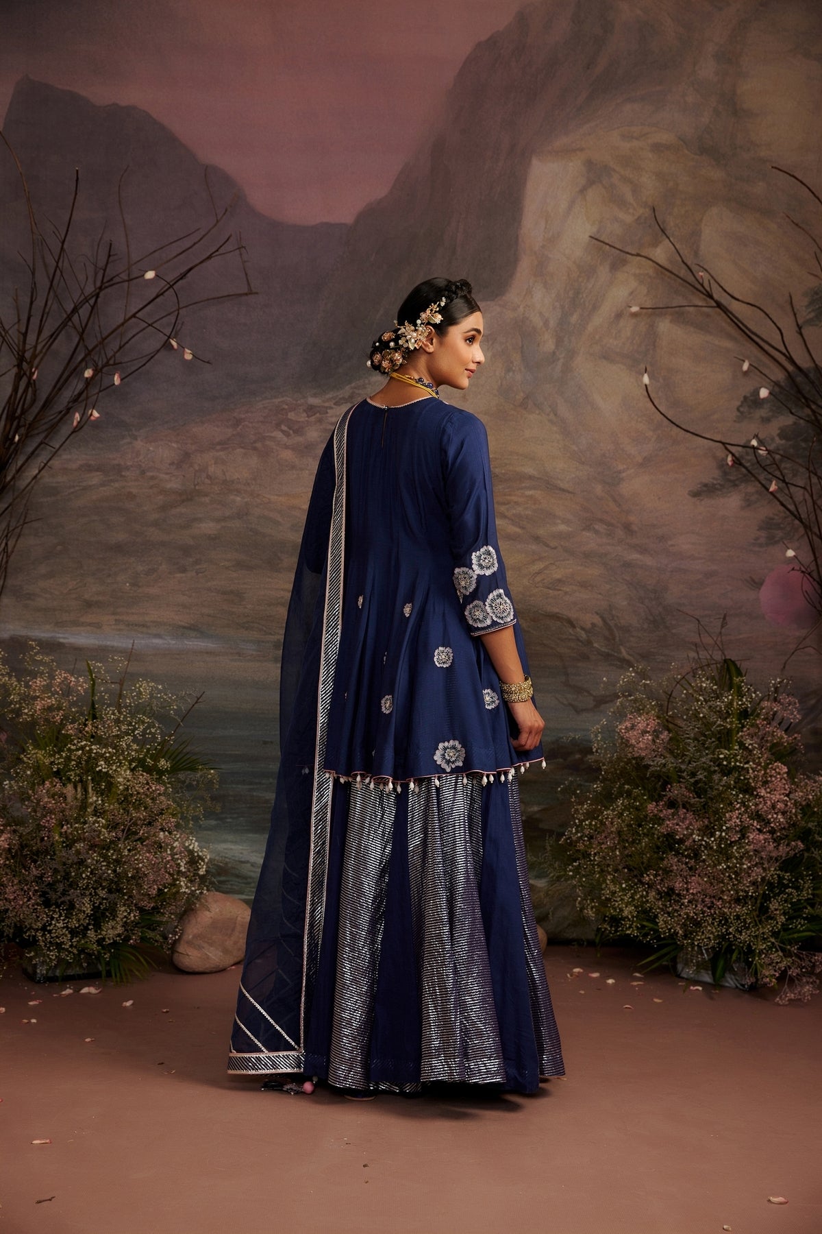 Navy Blue Cotton Silk Short Kurta with Shimmer Sharara Set