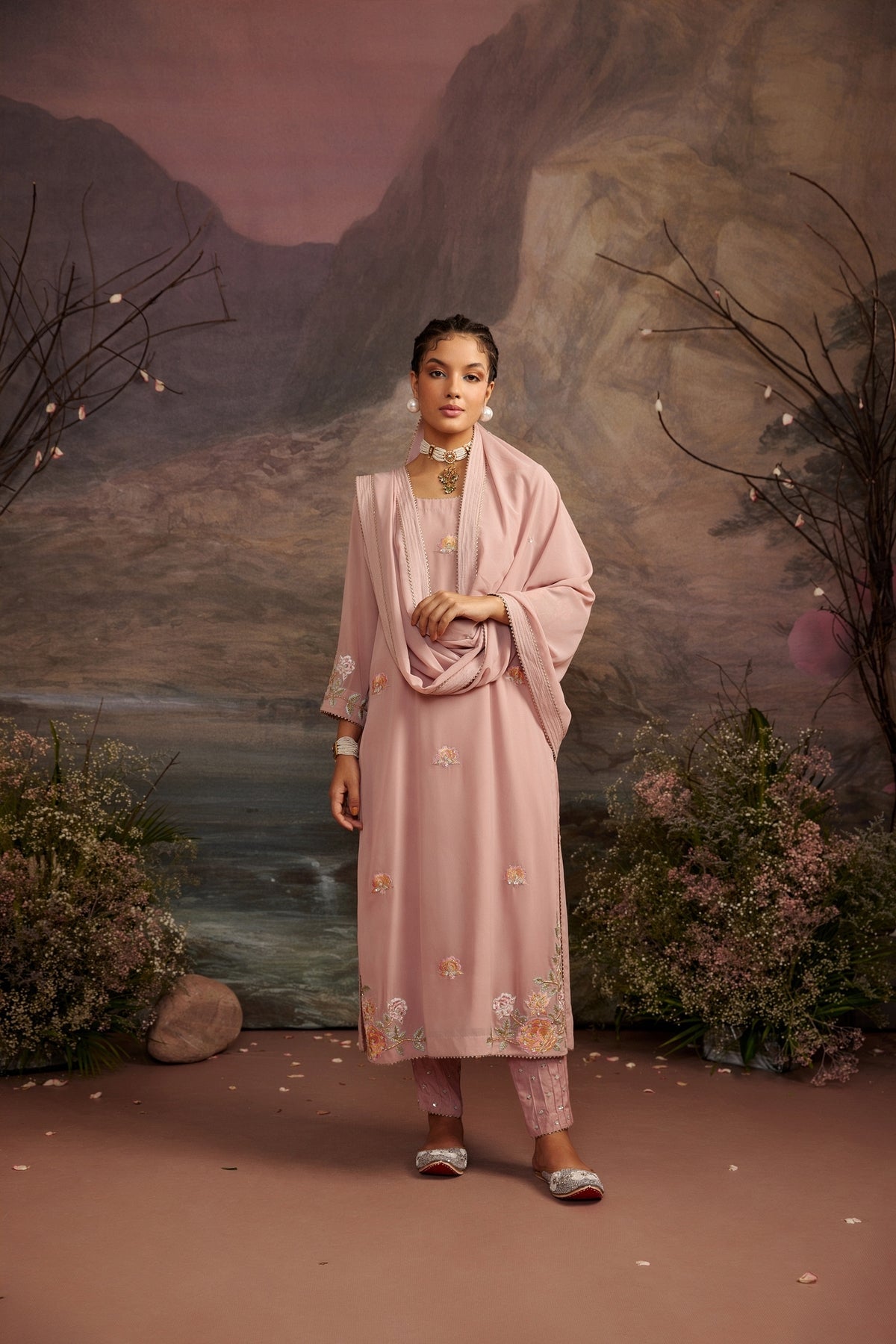 Charul Old Rose Embroidered Georgette Kurta Set - Elegant Festive Wear