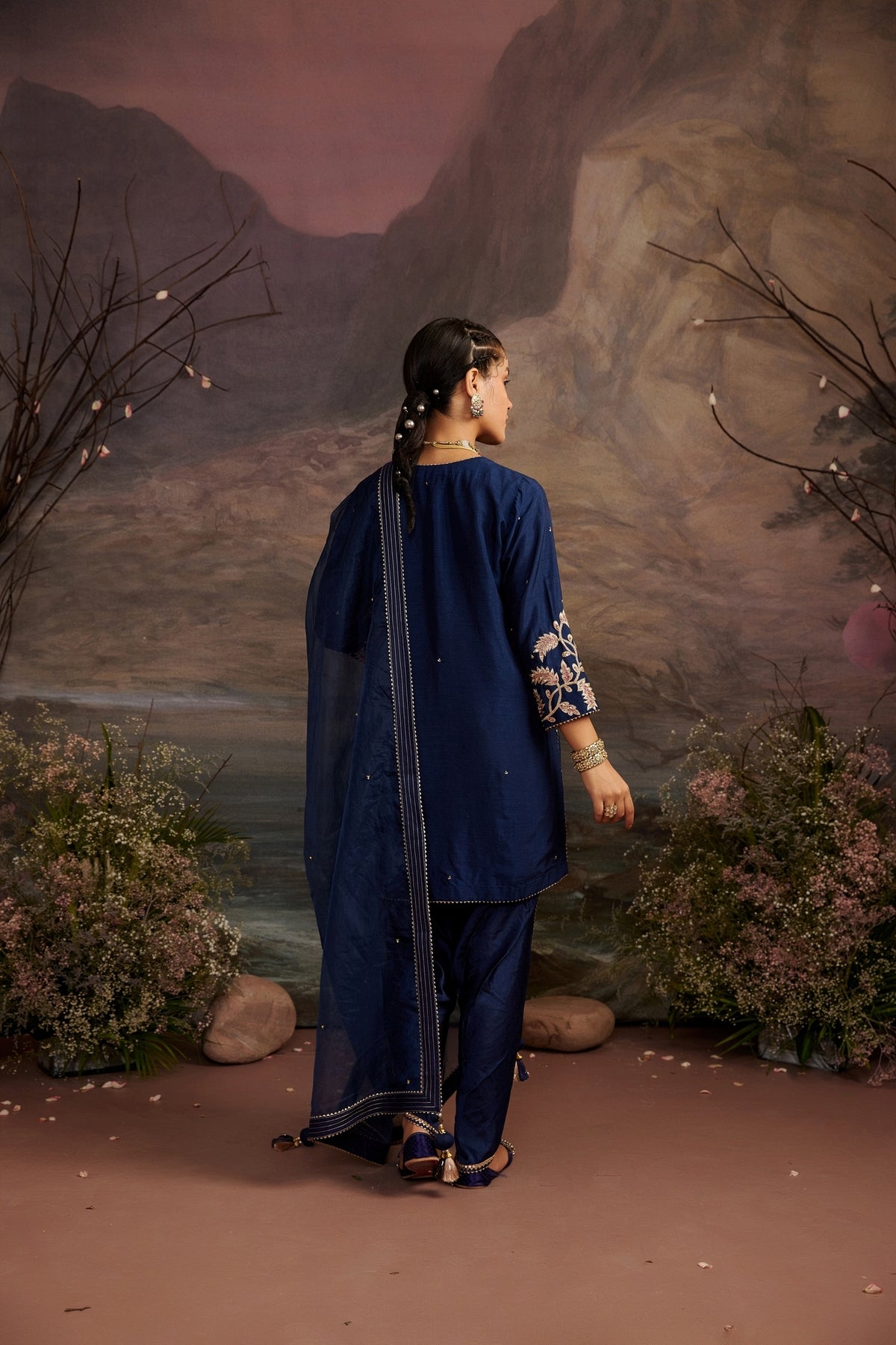 Navy Blue Embroidered Short Kurta Set with Dhoti & Dupatta