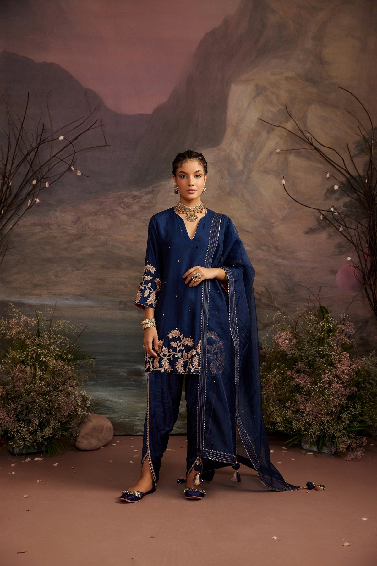 Navy Blue Embroidered Short Kurta Set with Dhoti & Dupatta