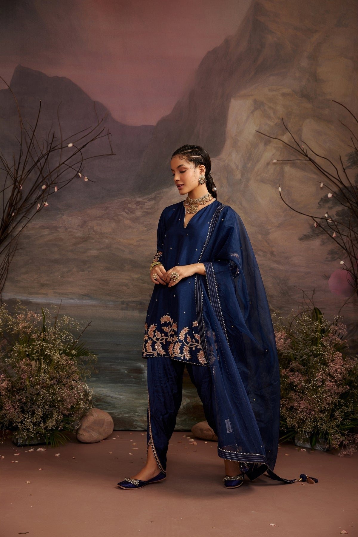Navy Blue Embroidered Short Kurta Set with Dhoti & Dupatta