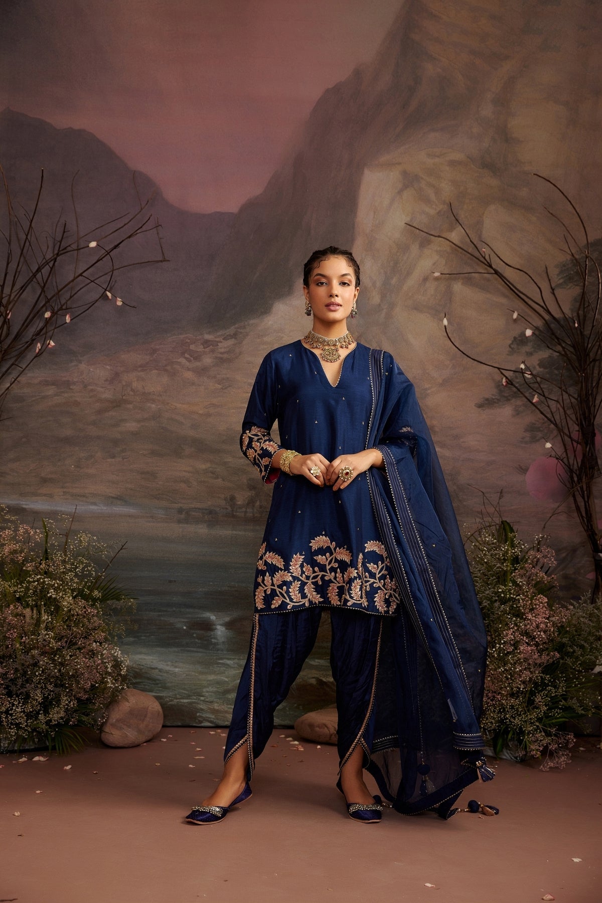 Navy Blue Embroidered Short Kurta Set with Dhoti & Dupatta