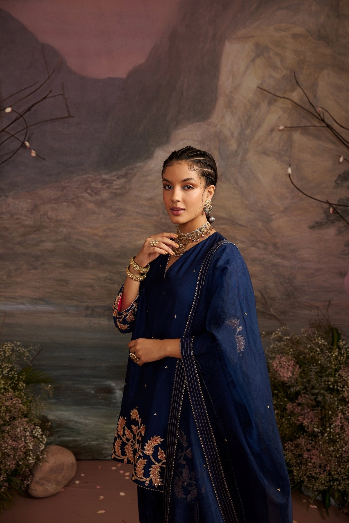 Navy Blue Embroidered Short Kurta Set with Dhoti & Dupatta
