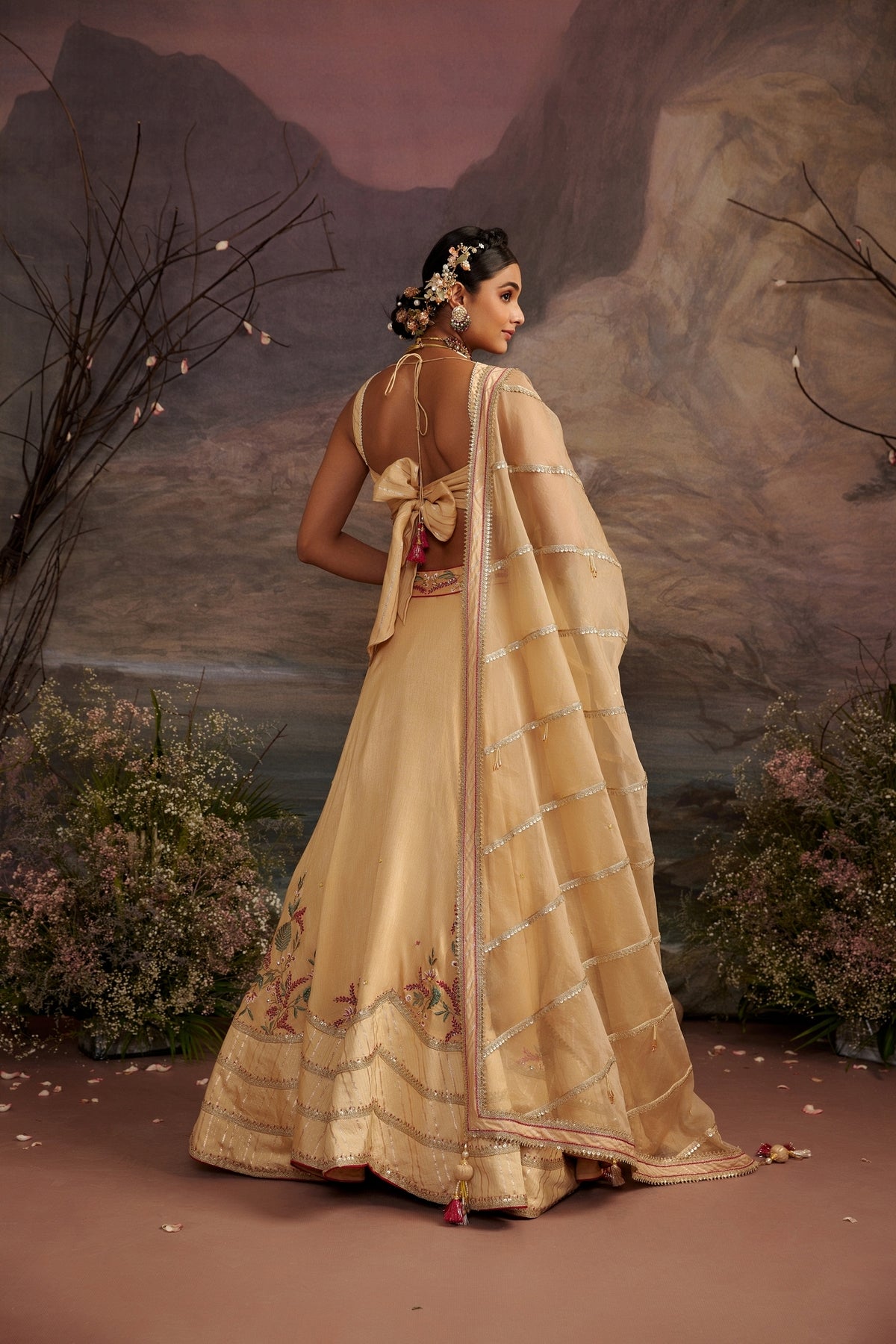 Honey Gold Embroidered Silk Lehenga Set with Crystal Bead Work