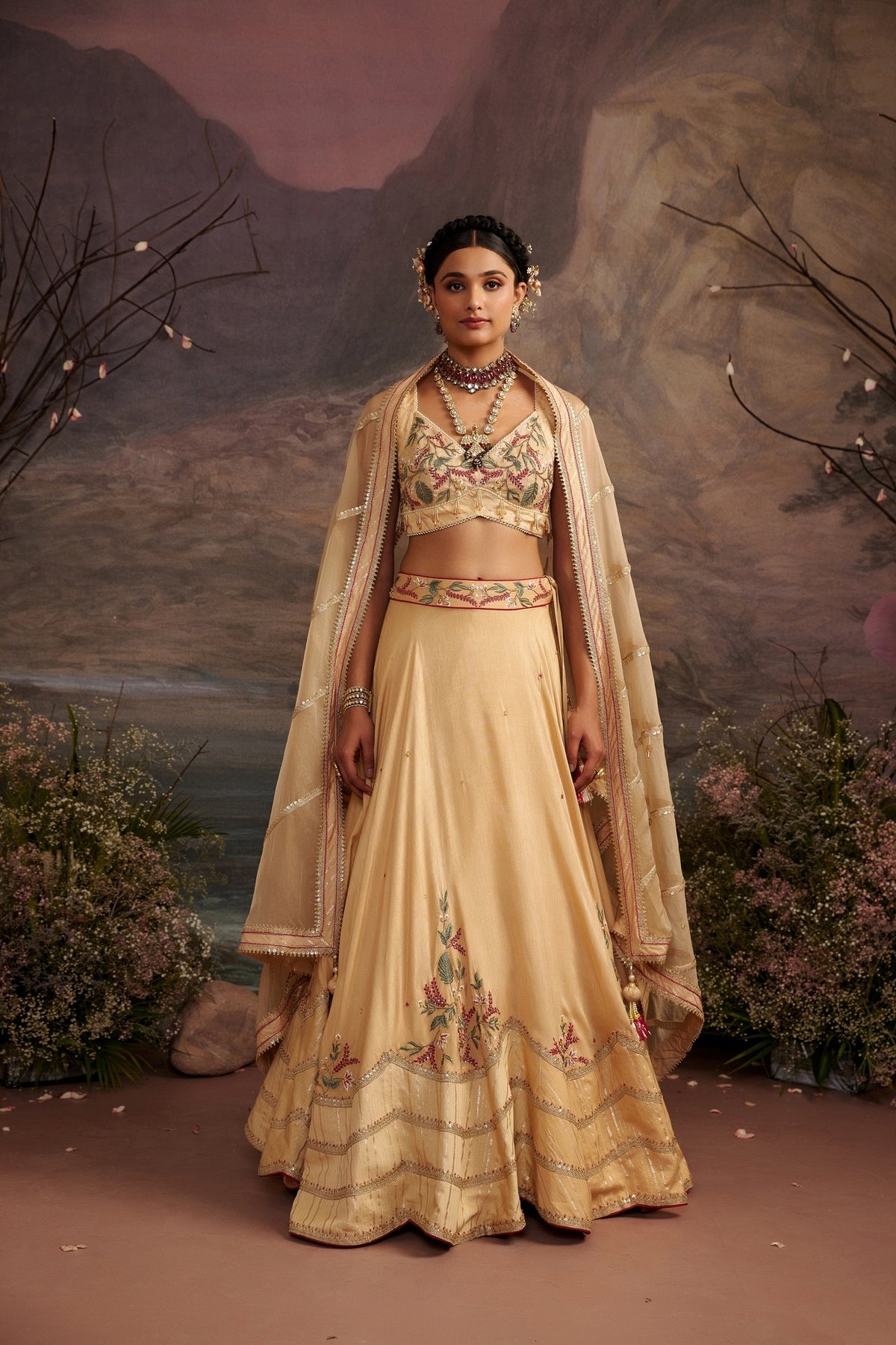 Honey Gold Embroidered Silk Lehenga Set with Crystal Bead Work