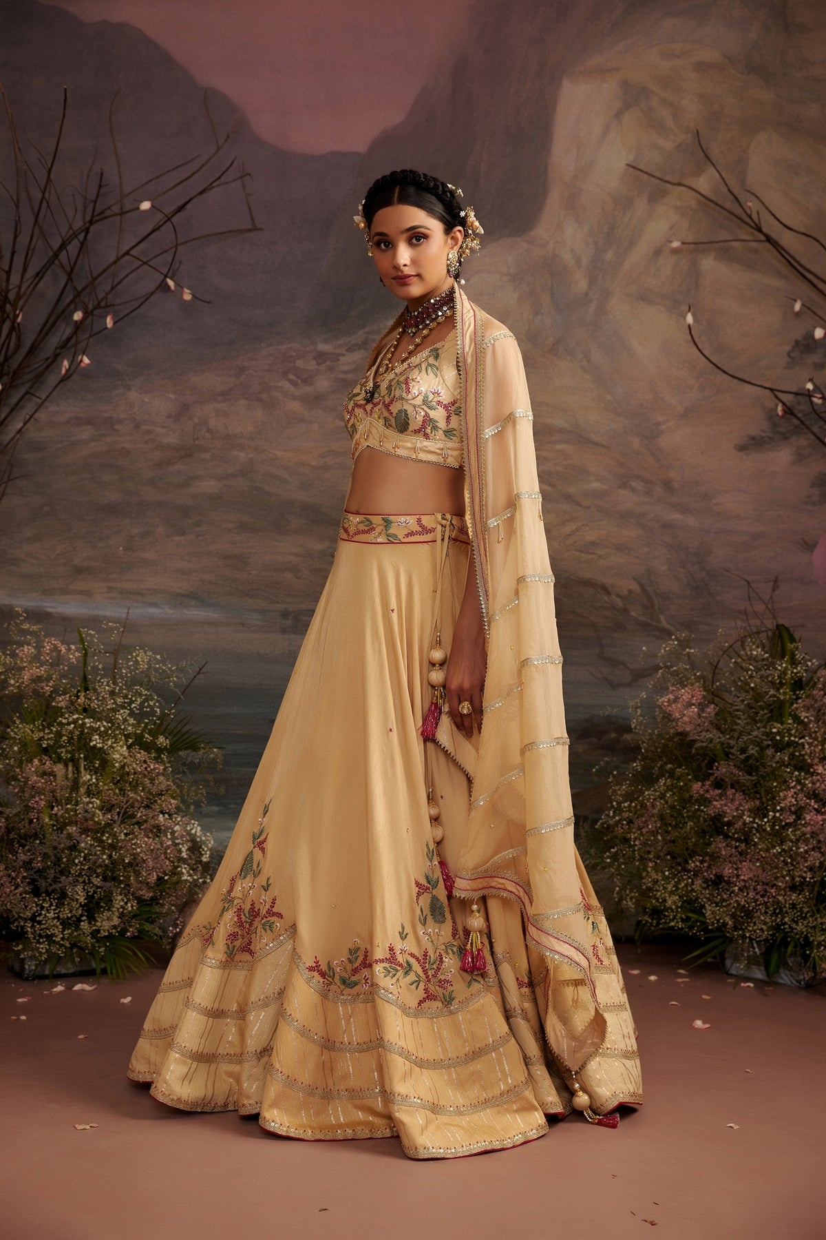 Honey Gold Embroidered Silk Lehenga Set with Crystal Bead Work