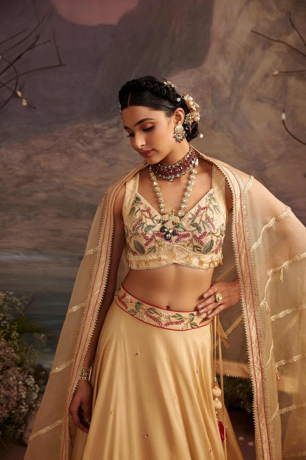 Honey Gold Embroidered Silk Lehenga Set with Crystal Bead Work