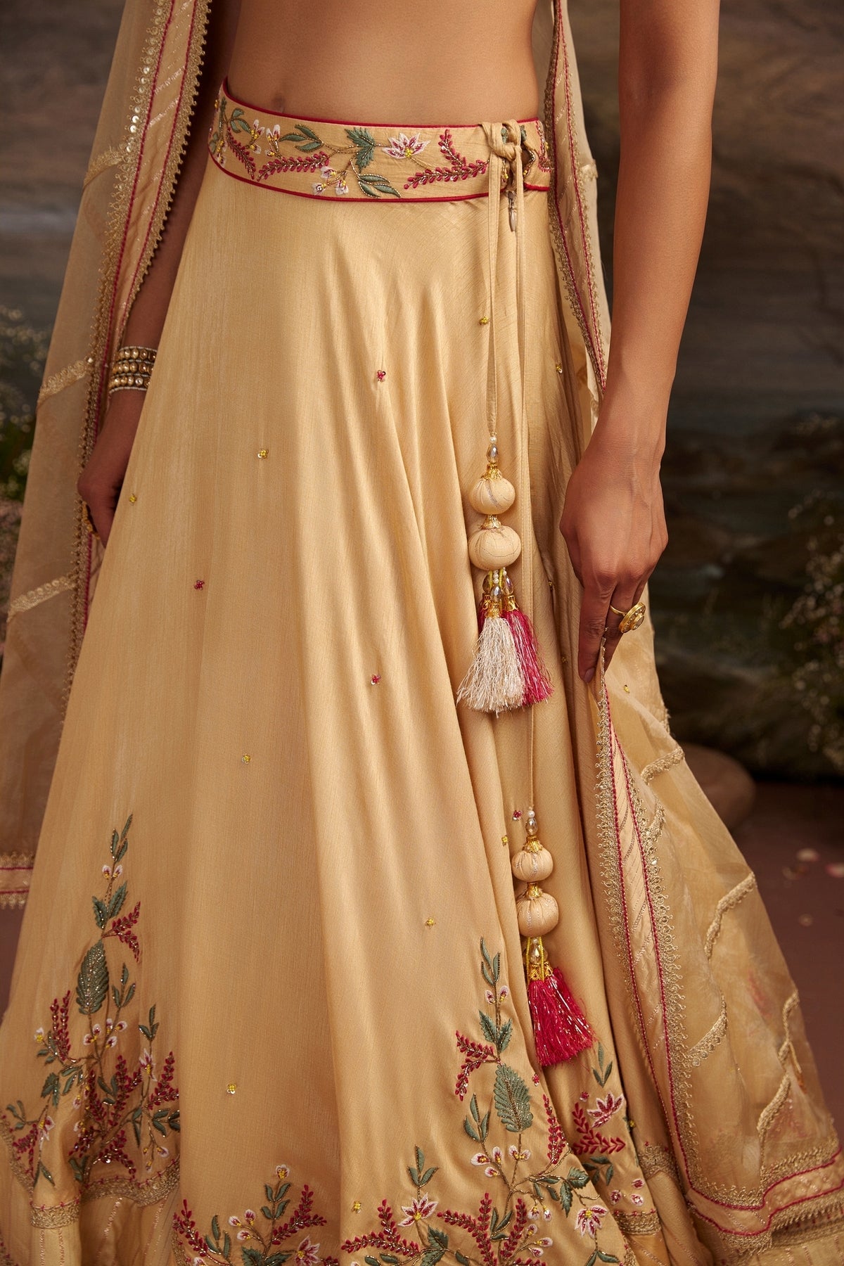 Honey Gold Embroidered Silk Lehenga Set with Crystal Bead Work