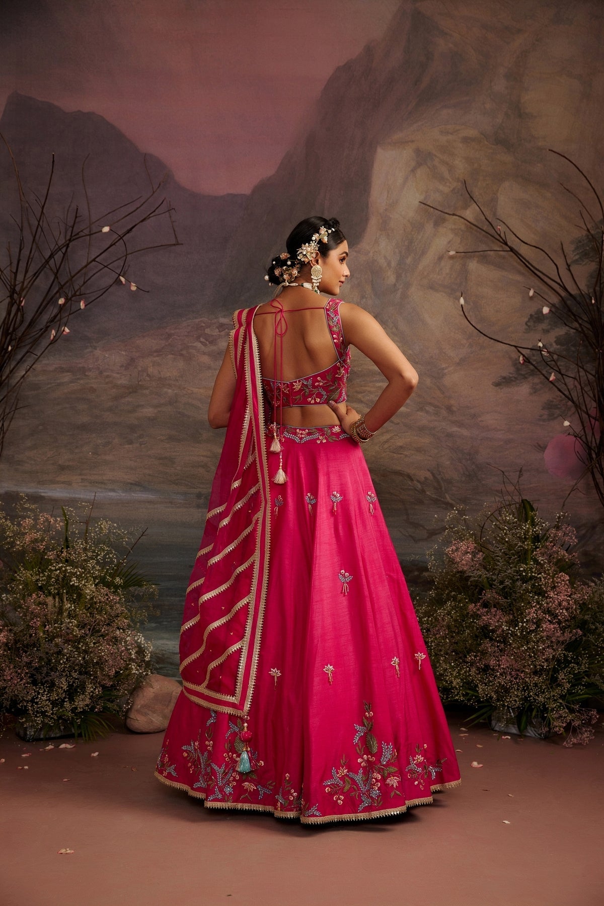 Rani Pink Embroidered Dupion Silk Lehenga Set with Crystal Work