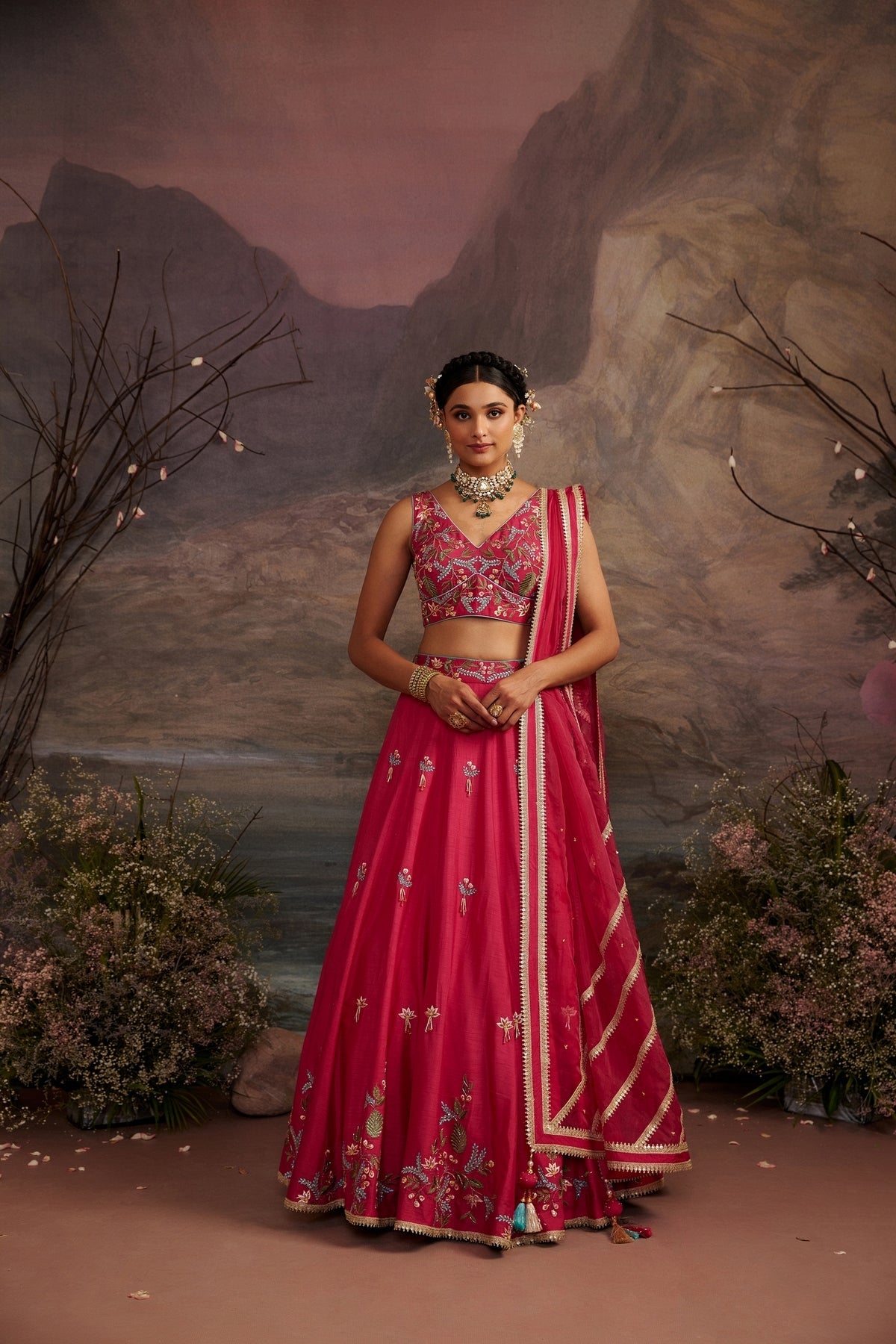 Rani Pink Embroidered Dupion Silk Lehenga Set with Crystal Work