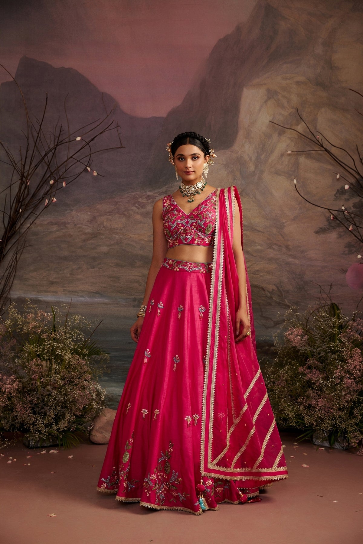 Rani Pink Embroidered Dupion Silk Lehenga Set with Crystal Work
